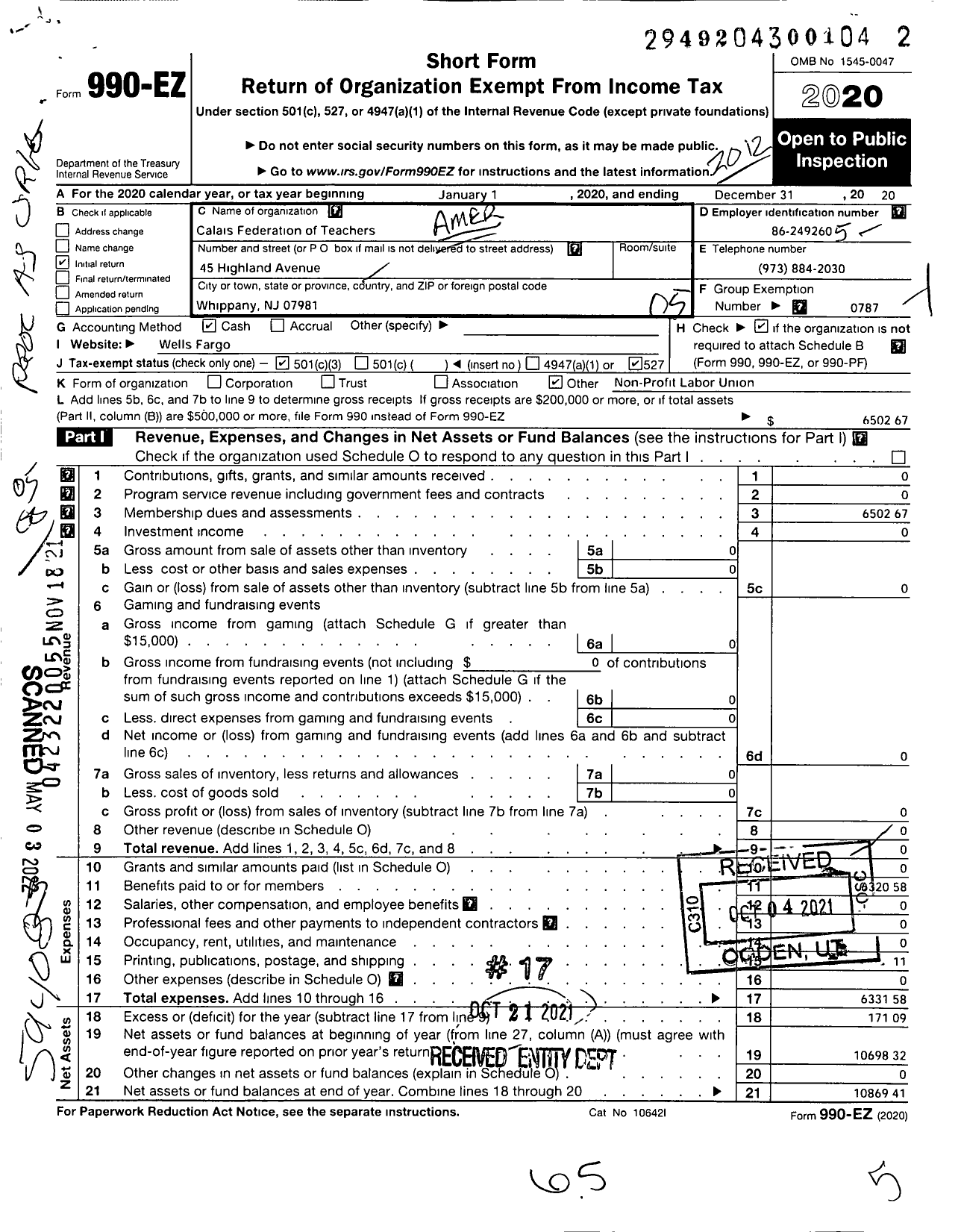 Image of first page of 2020 Form 990EO for American Federation of Teachers - American Federations of Teachers