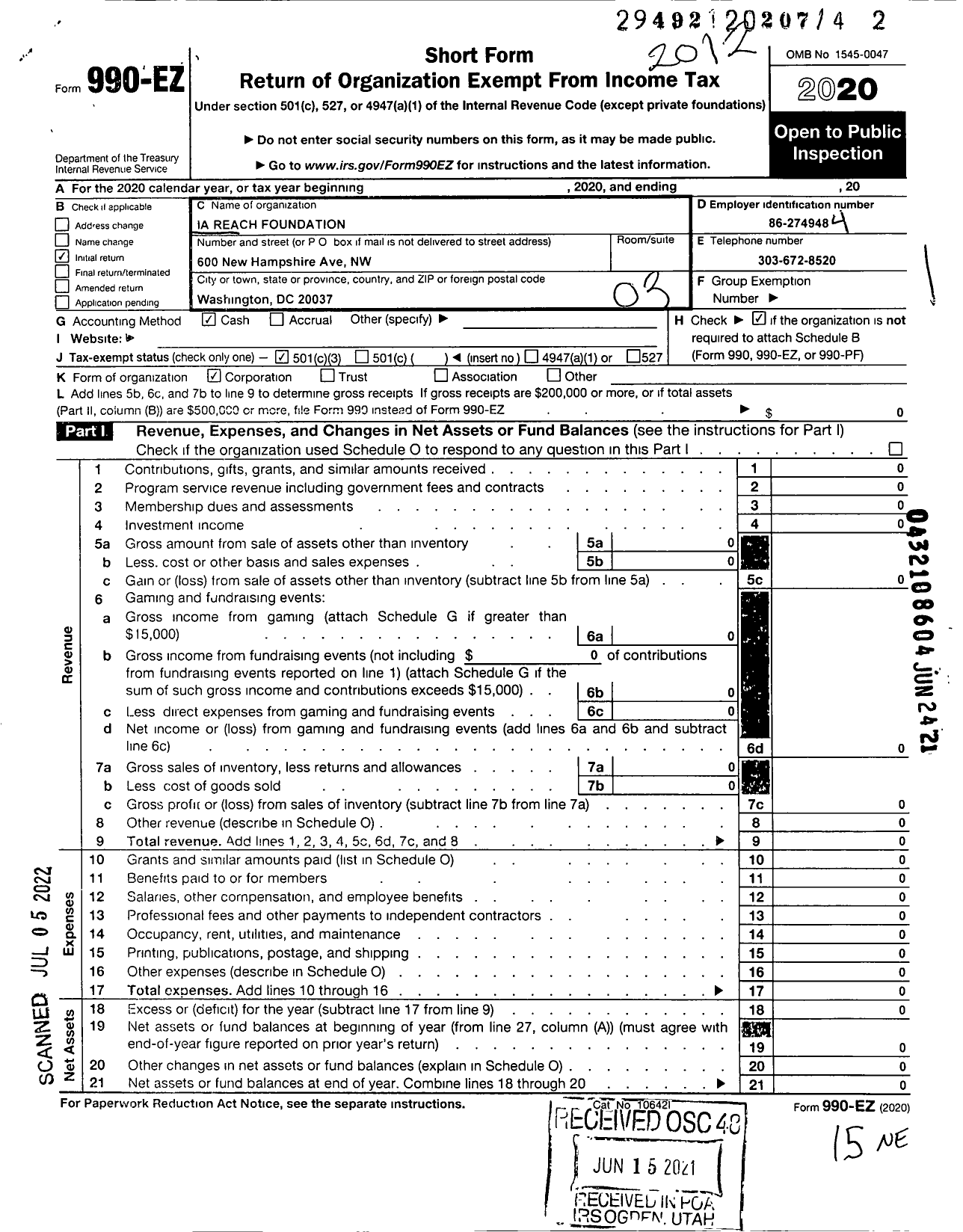 Image of first page of 2020 Form 990EZ for Ia Reach Foundation