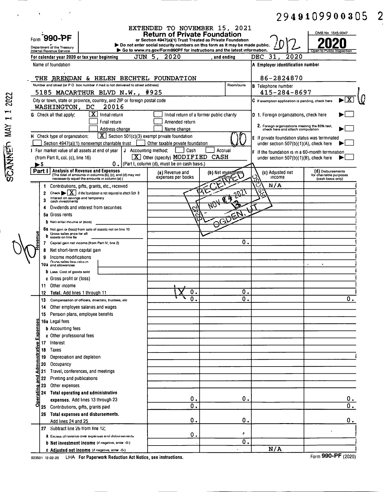 Image of first page of 2020 Form 990PF for The Brendan and Helen Bechtel Foundation