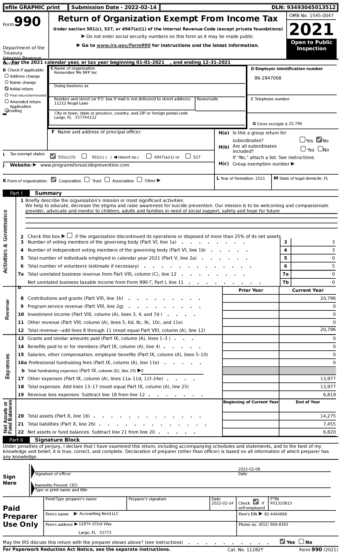 Image of first page of 2021 Form 990 for Remember Me NFP
