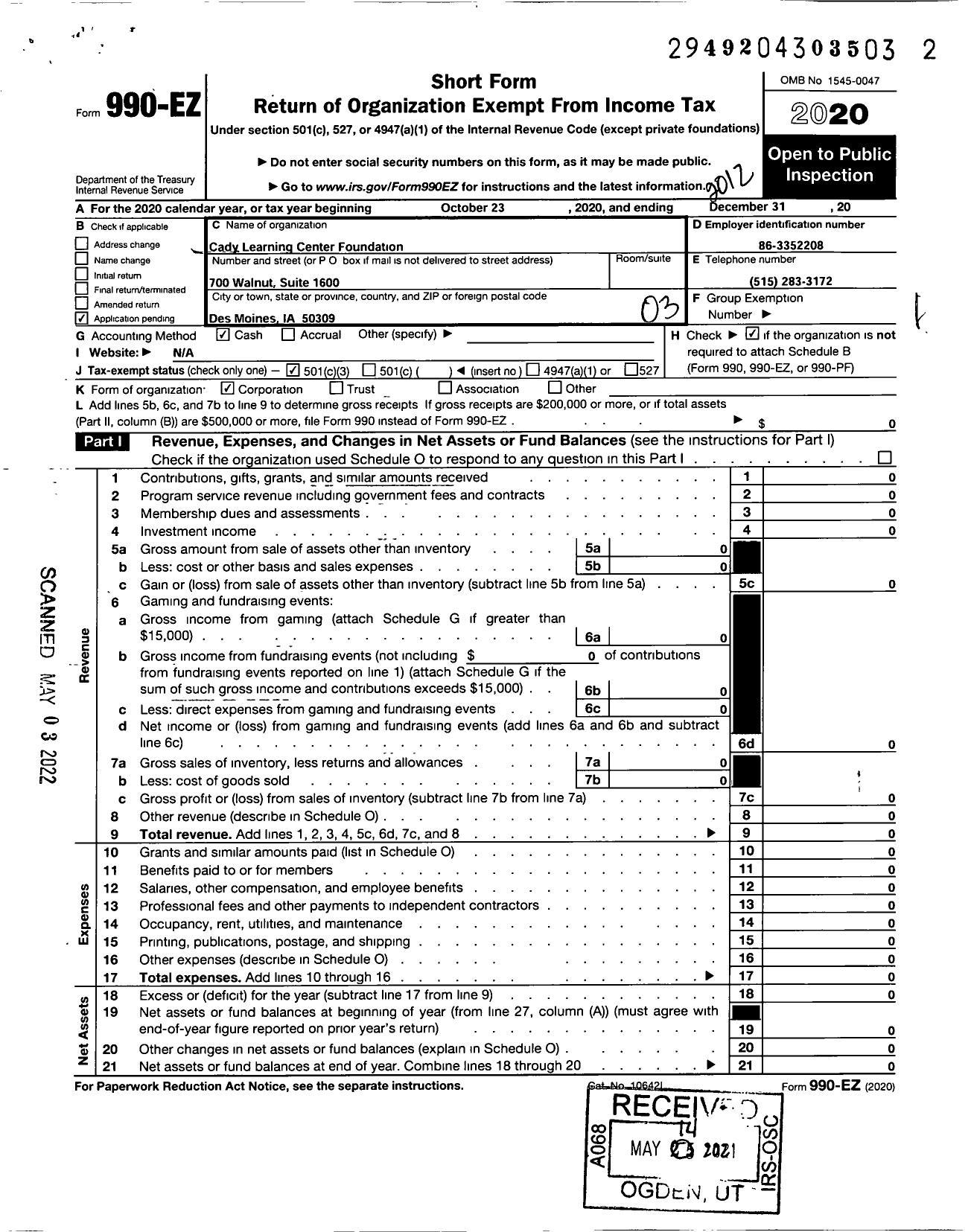 Image of first page of 2020 Form 990EZ for Cady Learning Center Foundation