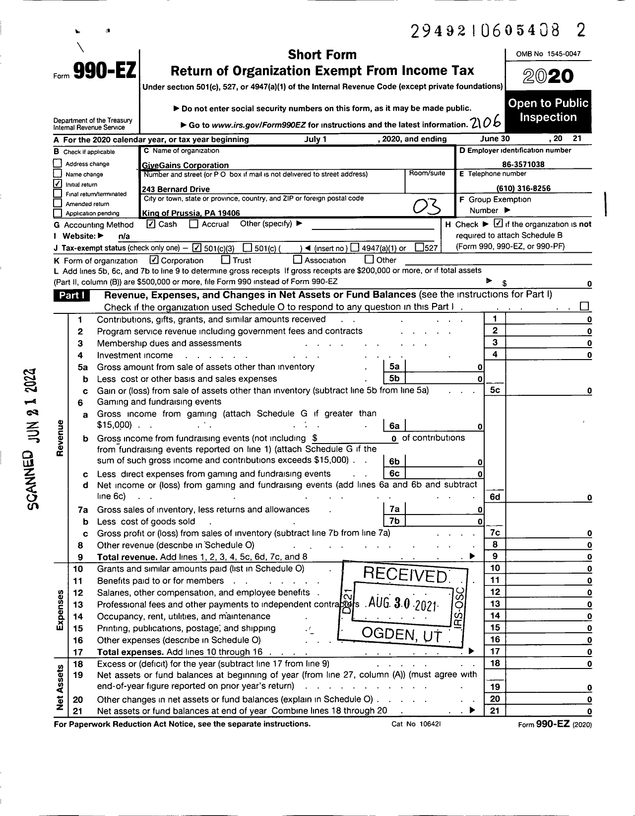 Image of first page of 2020 Form 990EZ for Givegains Corporation