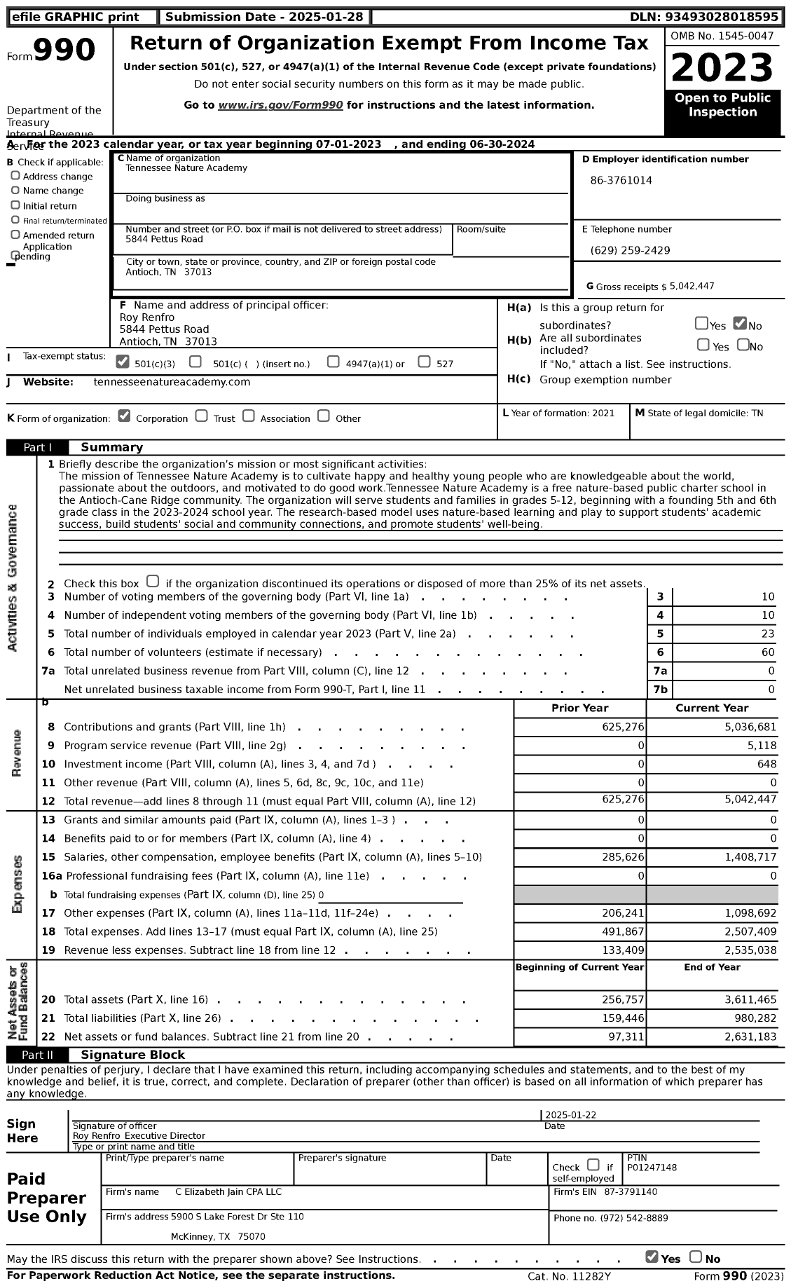 Image of first page of 2023 Form 990 for Tennessee Nature Academy