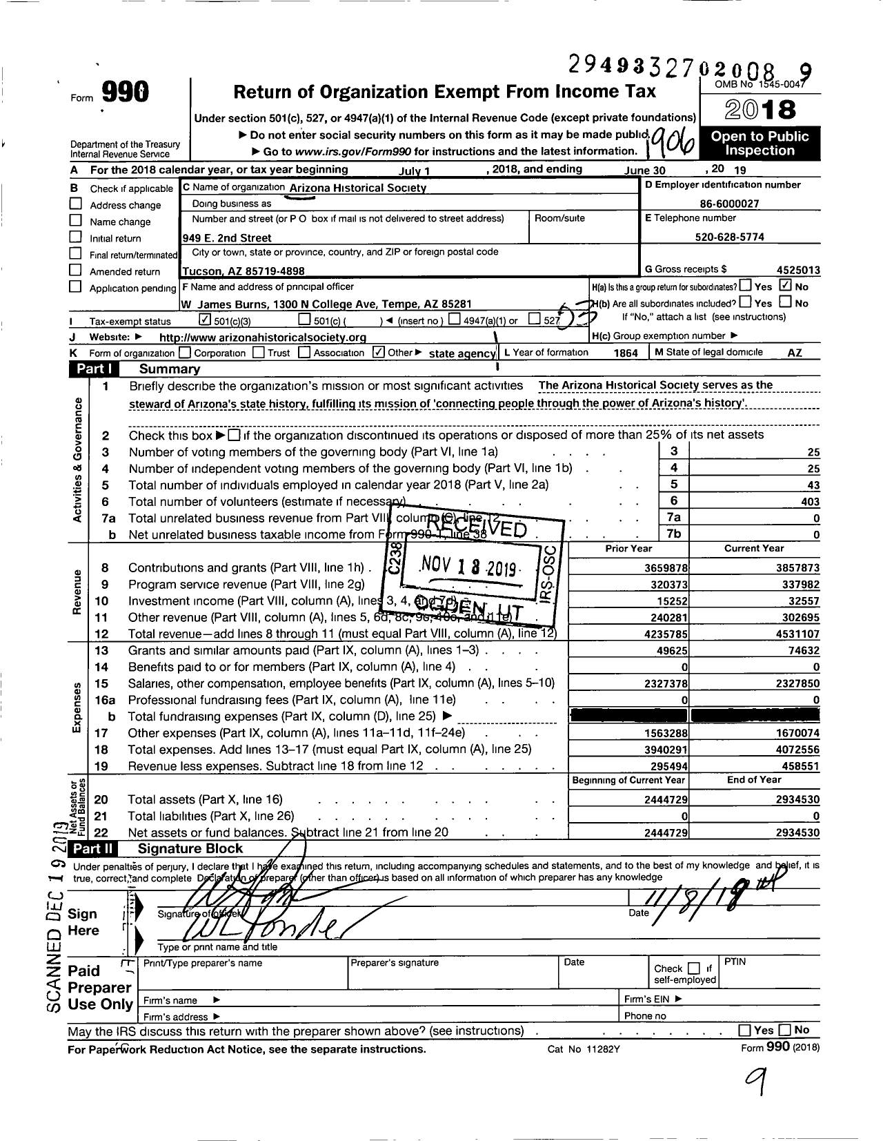 Image of first page of 2018 Form 990 for Arizona Historical Society