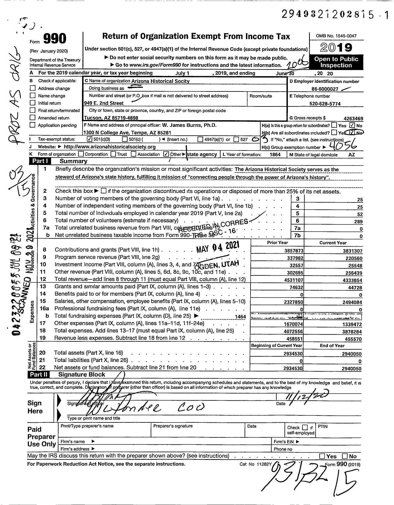 Image of first page of 2019 Form 990 for Arizona Historical Society