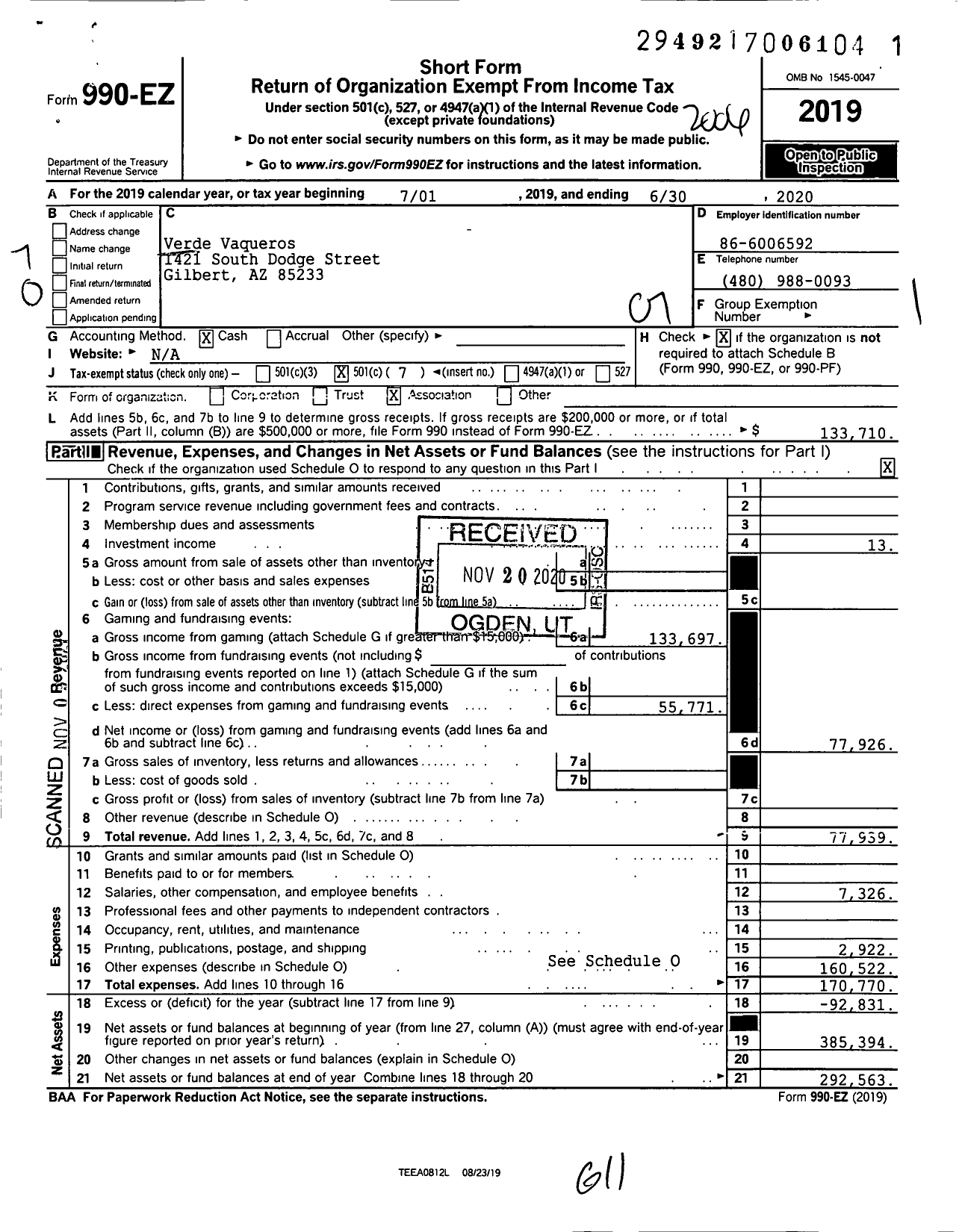 Image of first page of 2019 Form 990EO for Verde Vaqueros