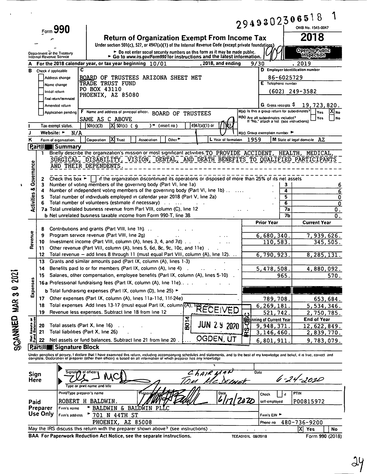 Image of first page of 2018 Form 990O for Board of Trustees Arizona Sheet Metal Trade Trust Fund