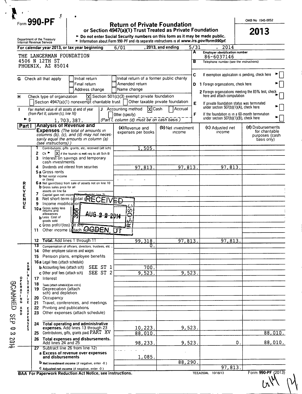 Image of first page of 2013 Form 990PF for Langerman Foundation