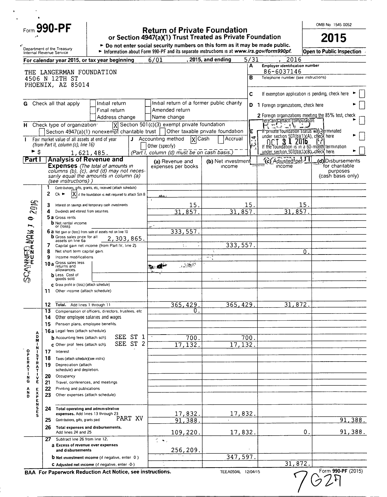 Image of first page of 2015 Form 990PF for Langerman Foundation