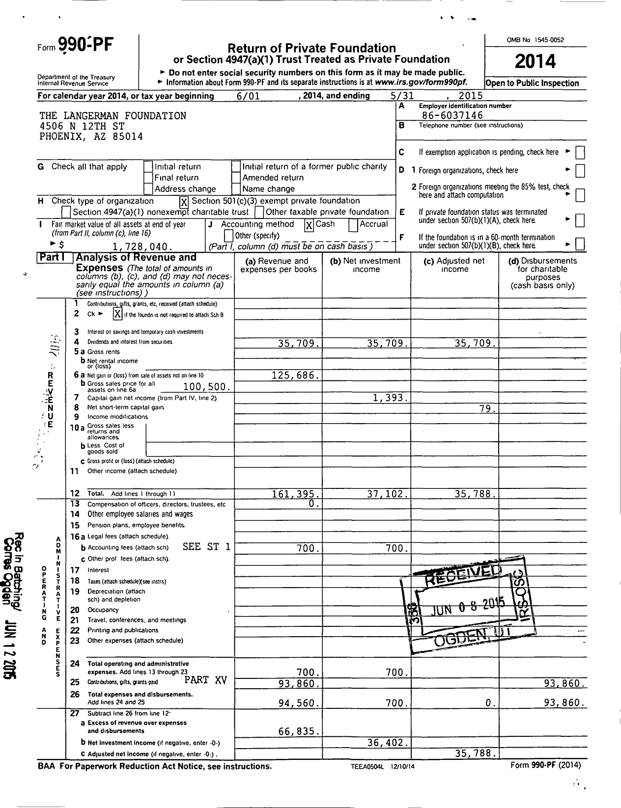 Image of first page of 2014 Form 990PF for Langerman Foundation