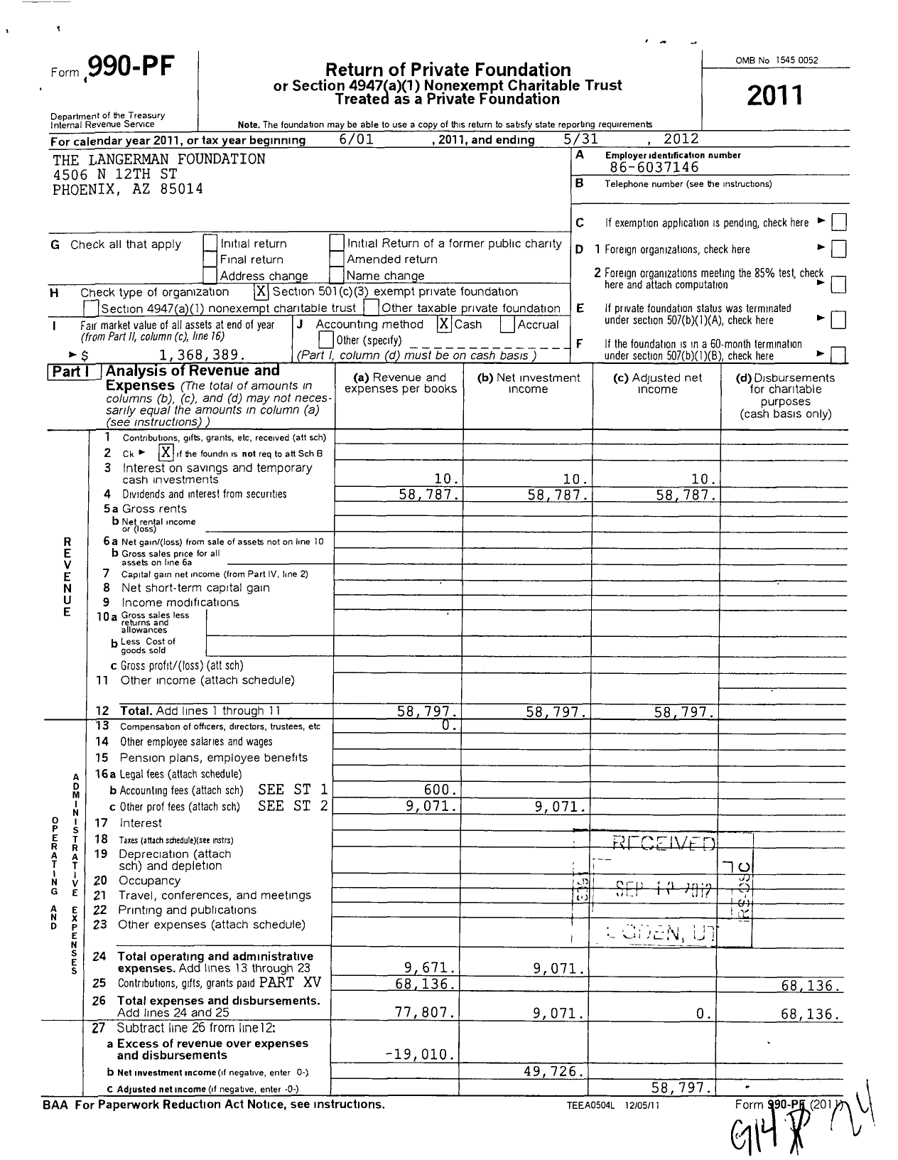 Image of first page of 2011 Form 990PF for Langerman Foundation