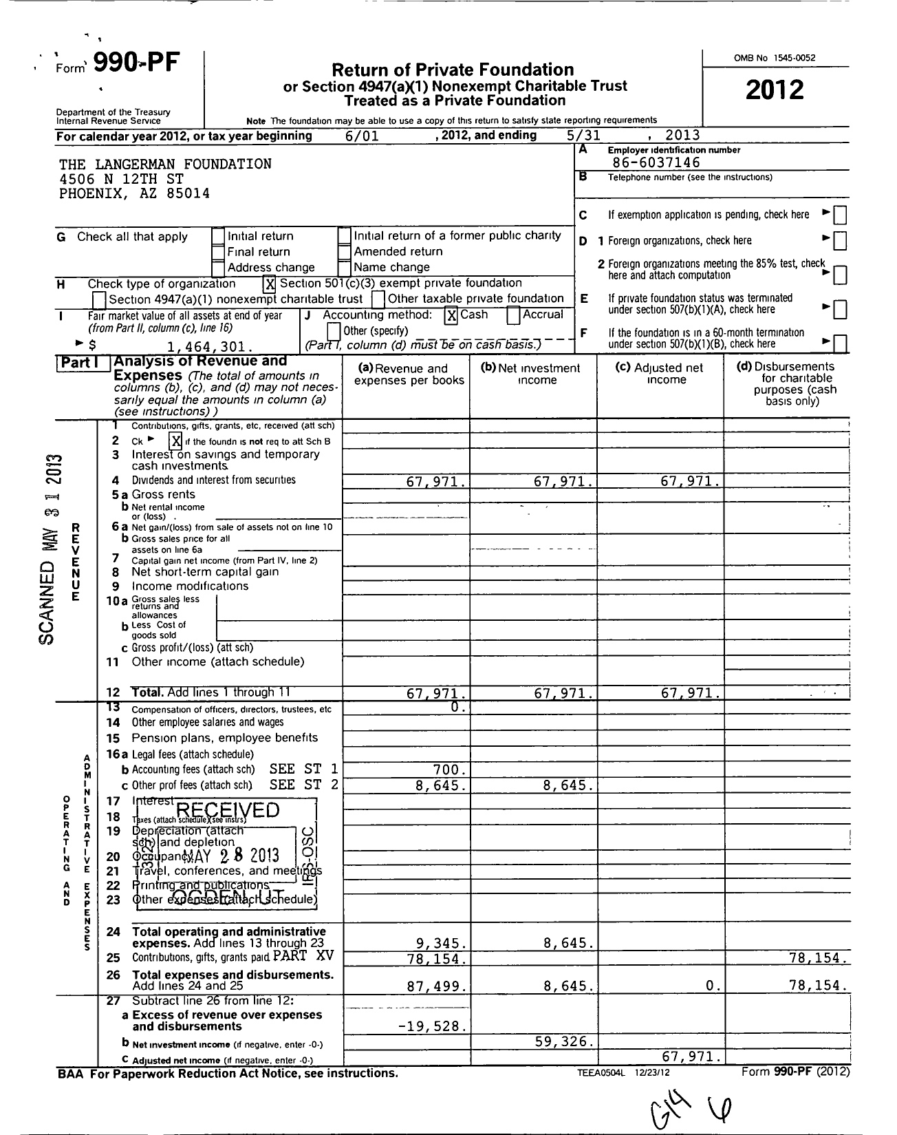 Image of first page of 2012 Form 990PF for Langerman Foundation