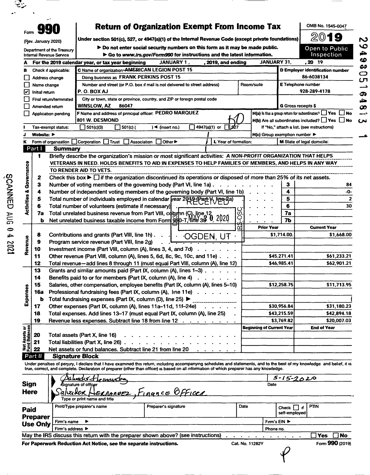 Image of first page of 2018 Form 990O for American Legion - Frank Perkins Post15