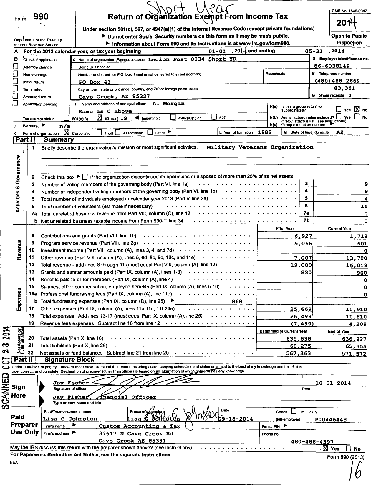 Image of first page of 2013 Form 990O for Frank W Wright Post 34 Am Legion