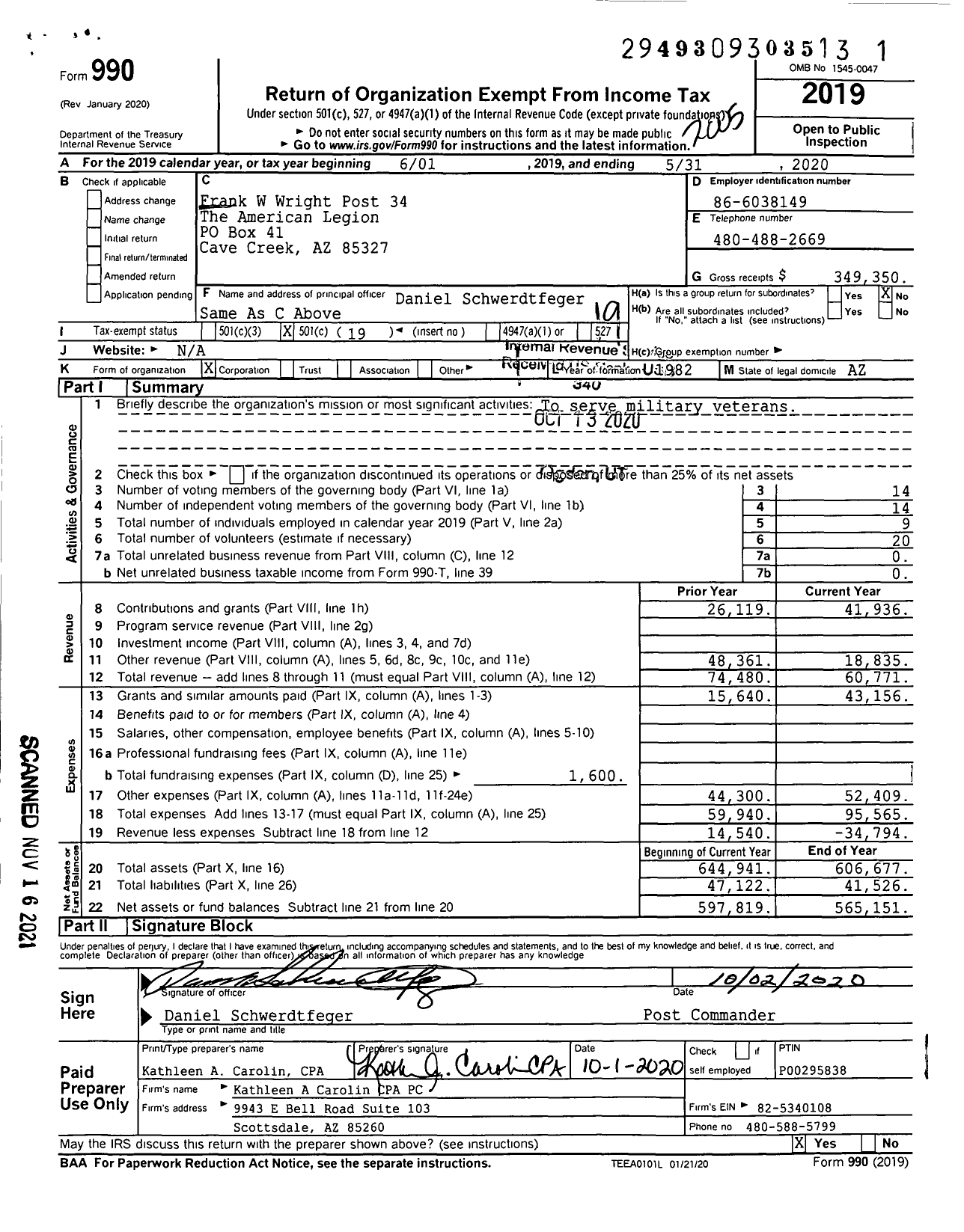 Image of first page of 2019 Form 990O for Frank W Wright Post 34 Am Legion