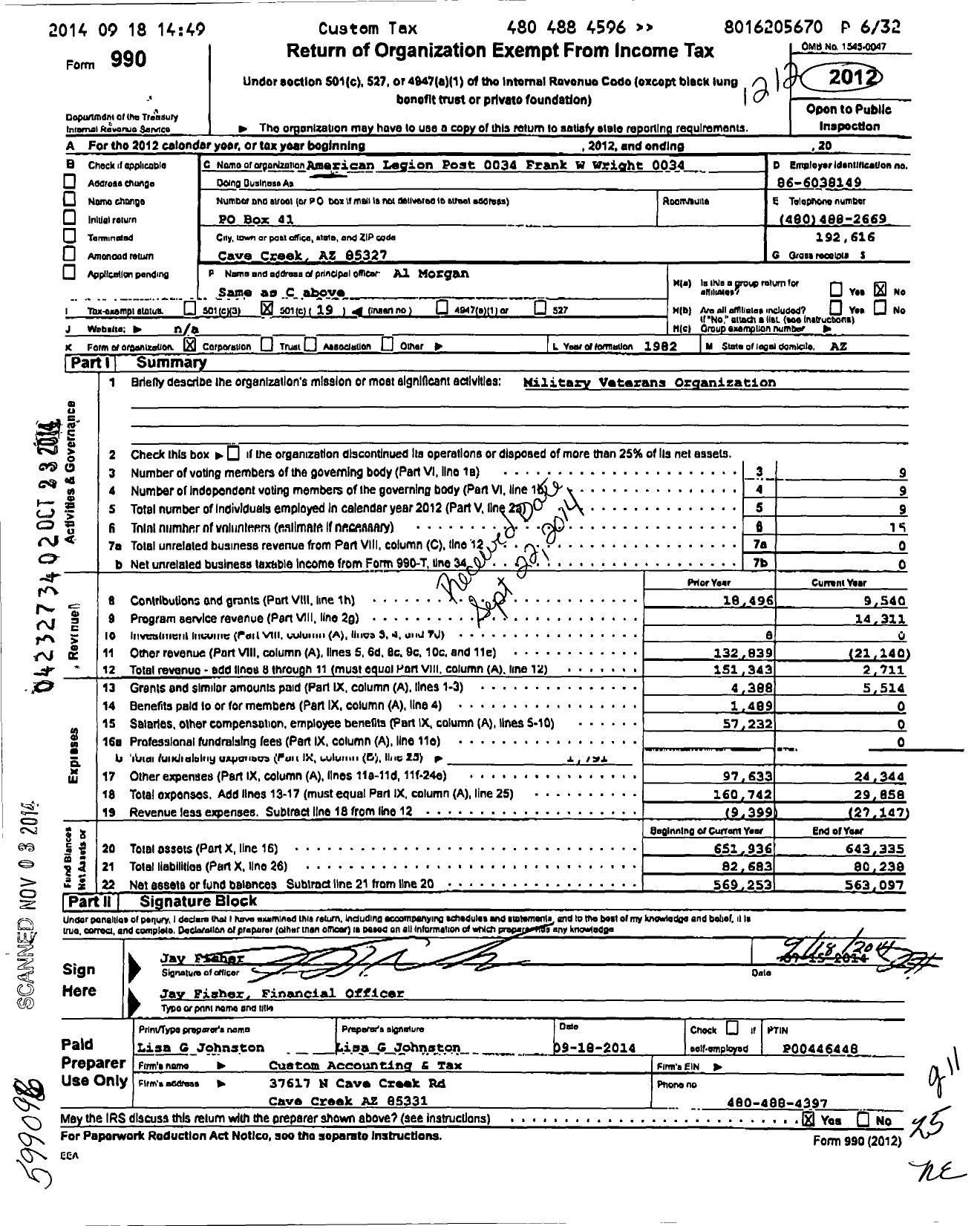 Image of first page of 2012 Form 990O for Frank W Wright Post 34 Am Legion