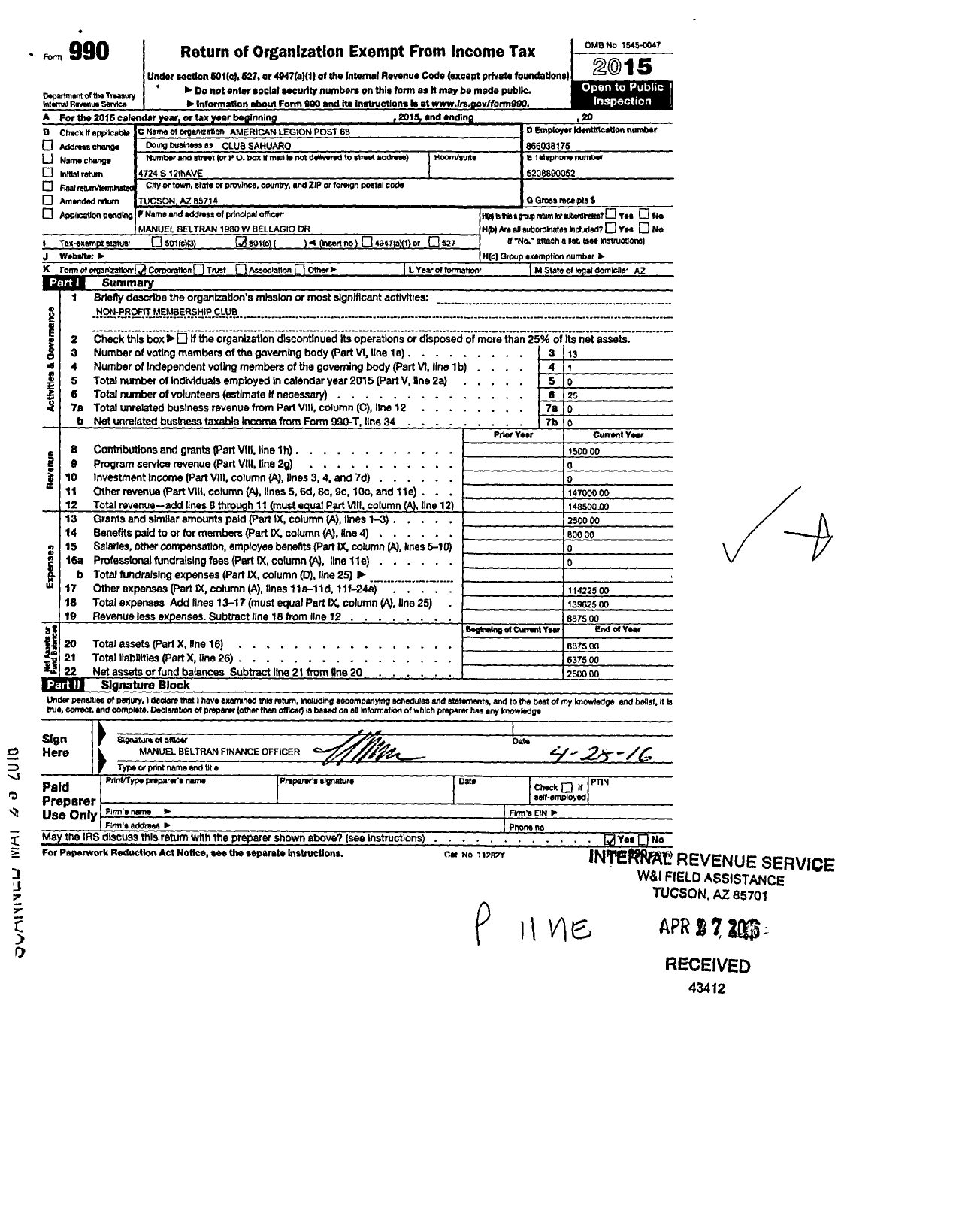 Image of first page of 2015 Form 990O for American Legion Post 68 / Club Sayward Post