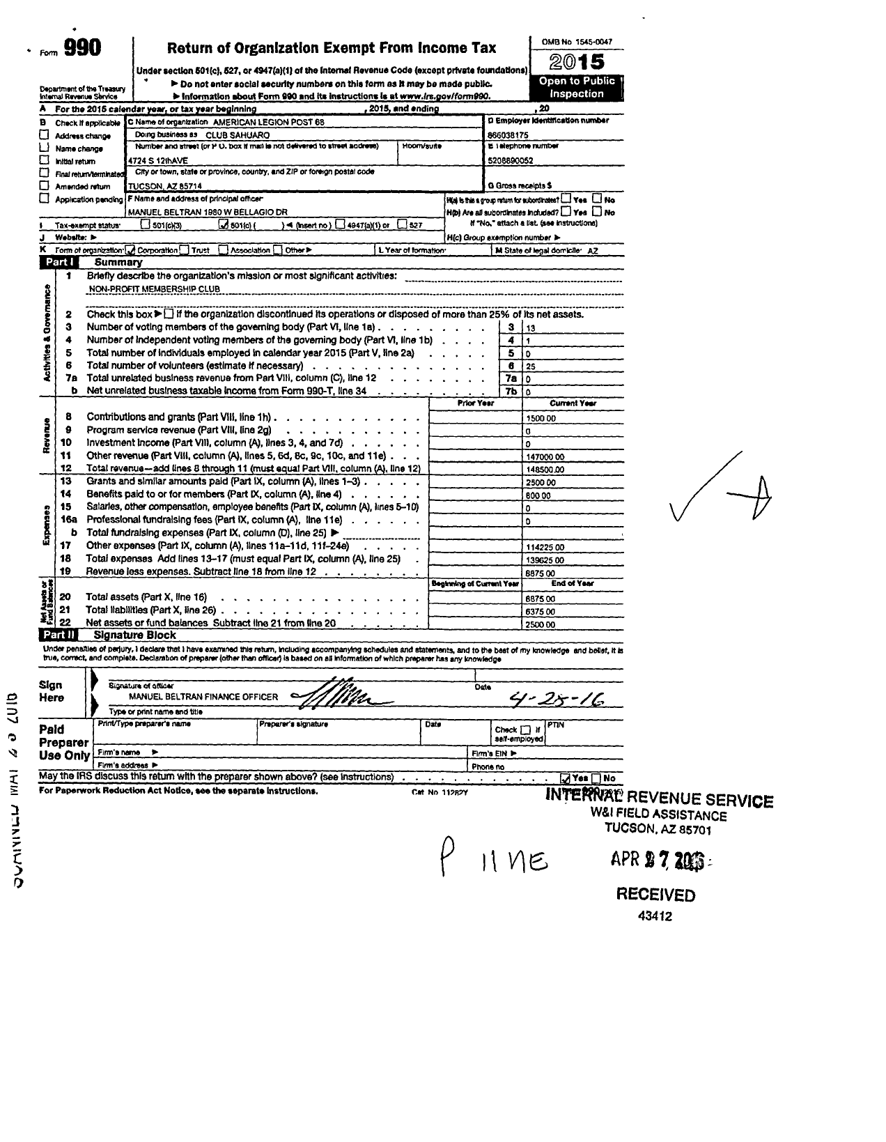 Image of first page of 2015 Form 990O for American Legion - Club Sahward Post