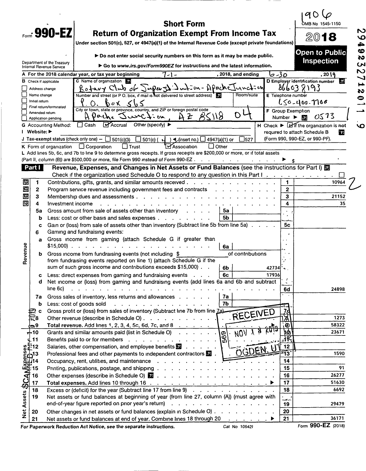 Image of first page of 2018 Form 990EO for Rotary International - Superstition Mountain Apache Juncti