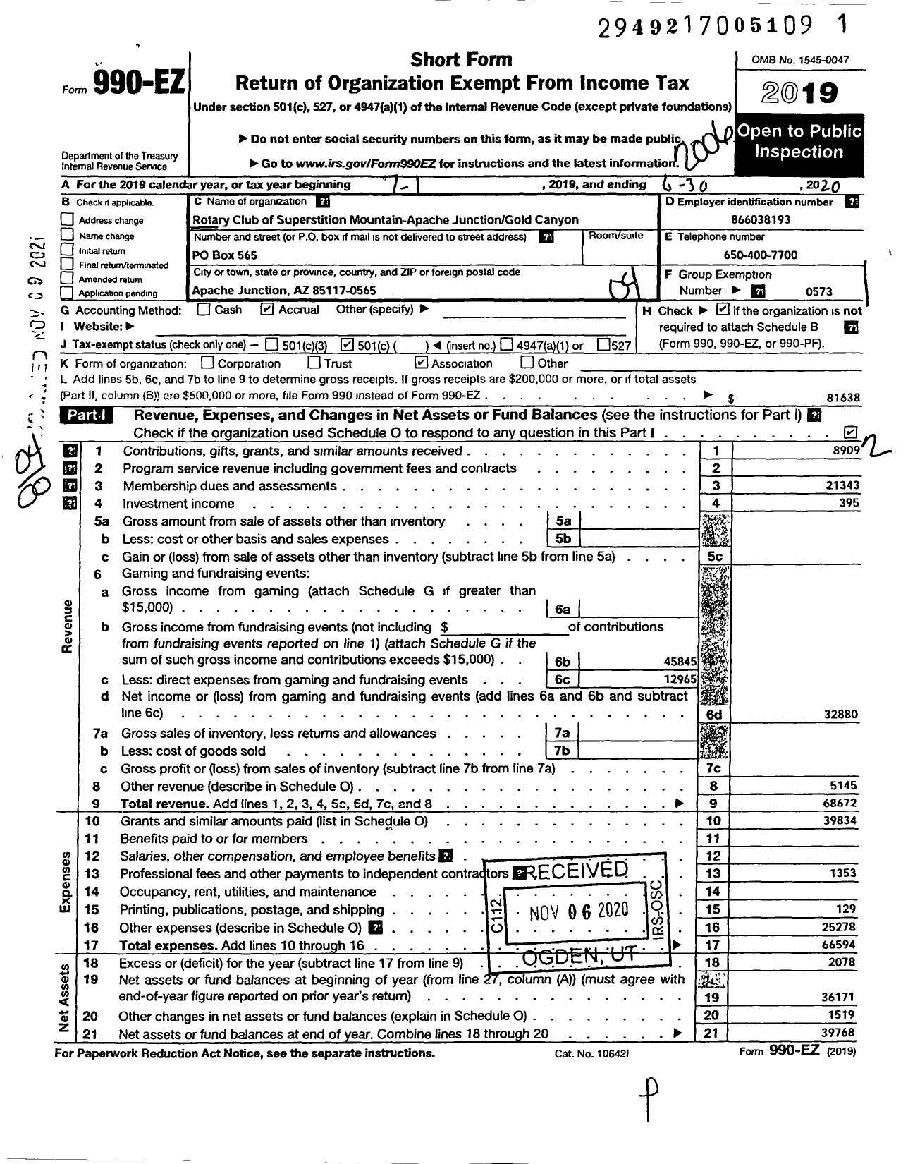 Image of first page of 2019 Form 990EO for Rotary International - Superstition Mountain Apache Juncti