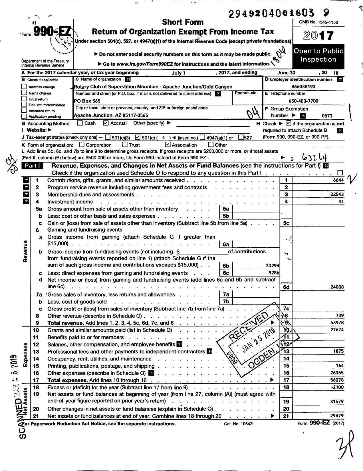 Image of first page of 2017 Form 990EO for Rotary International - Superstition Mountain Apache Juncti