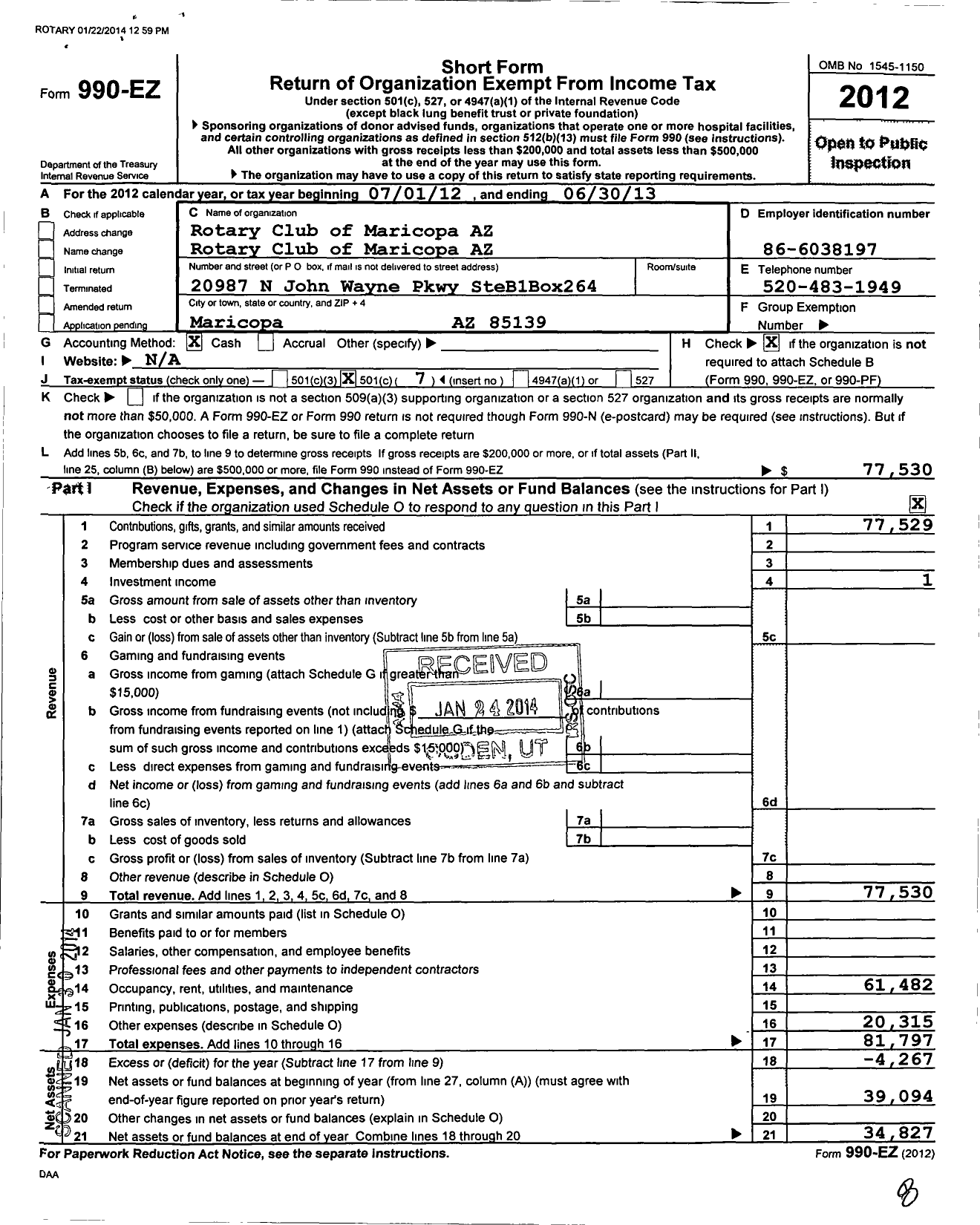 Image of first page of 2012 Form 990EO for Rotary International - Rotary Club of Maricopa Az