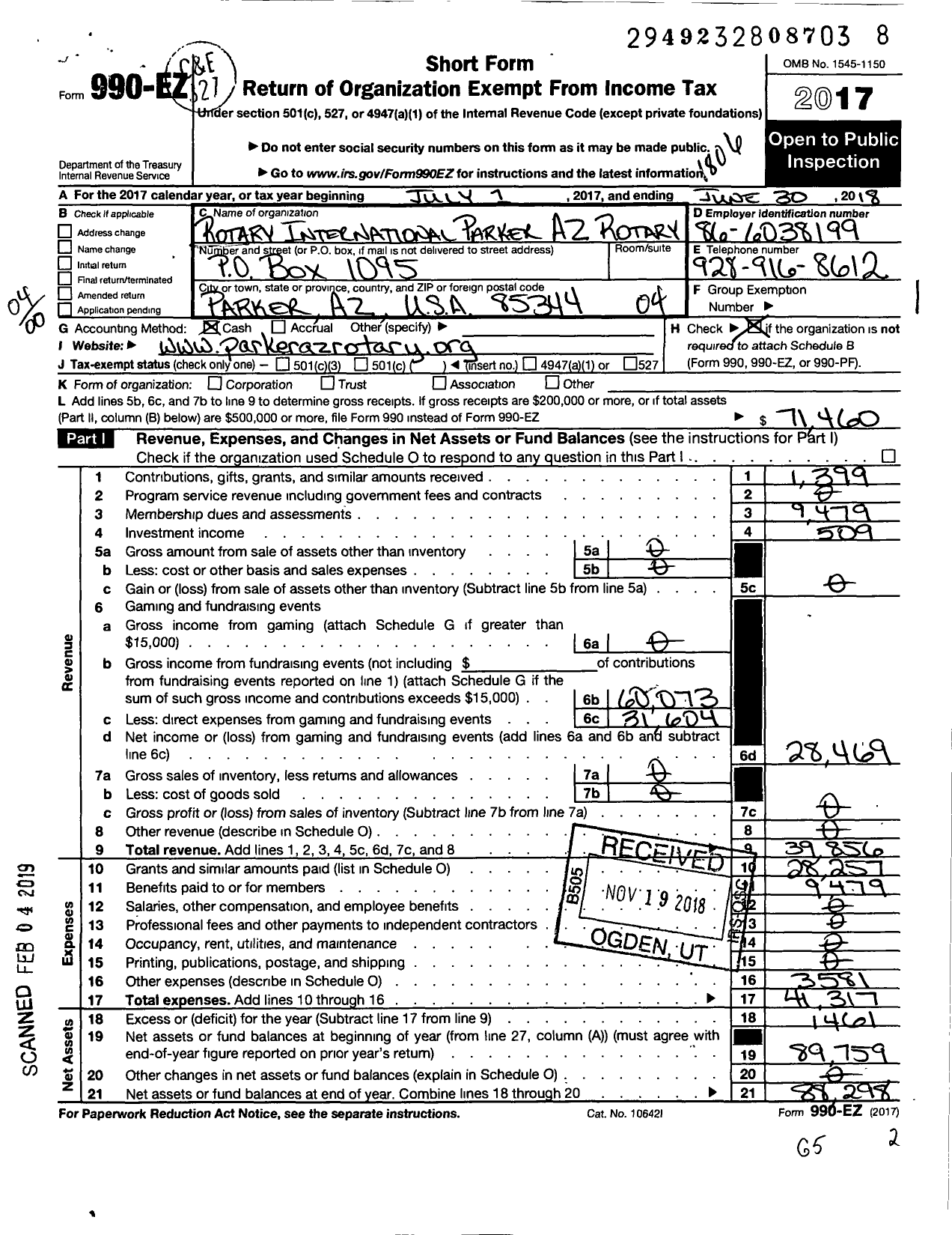 Image of first page of 2017 Form 990EO for Rotary International - Parker Az Rotary Club