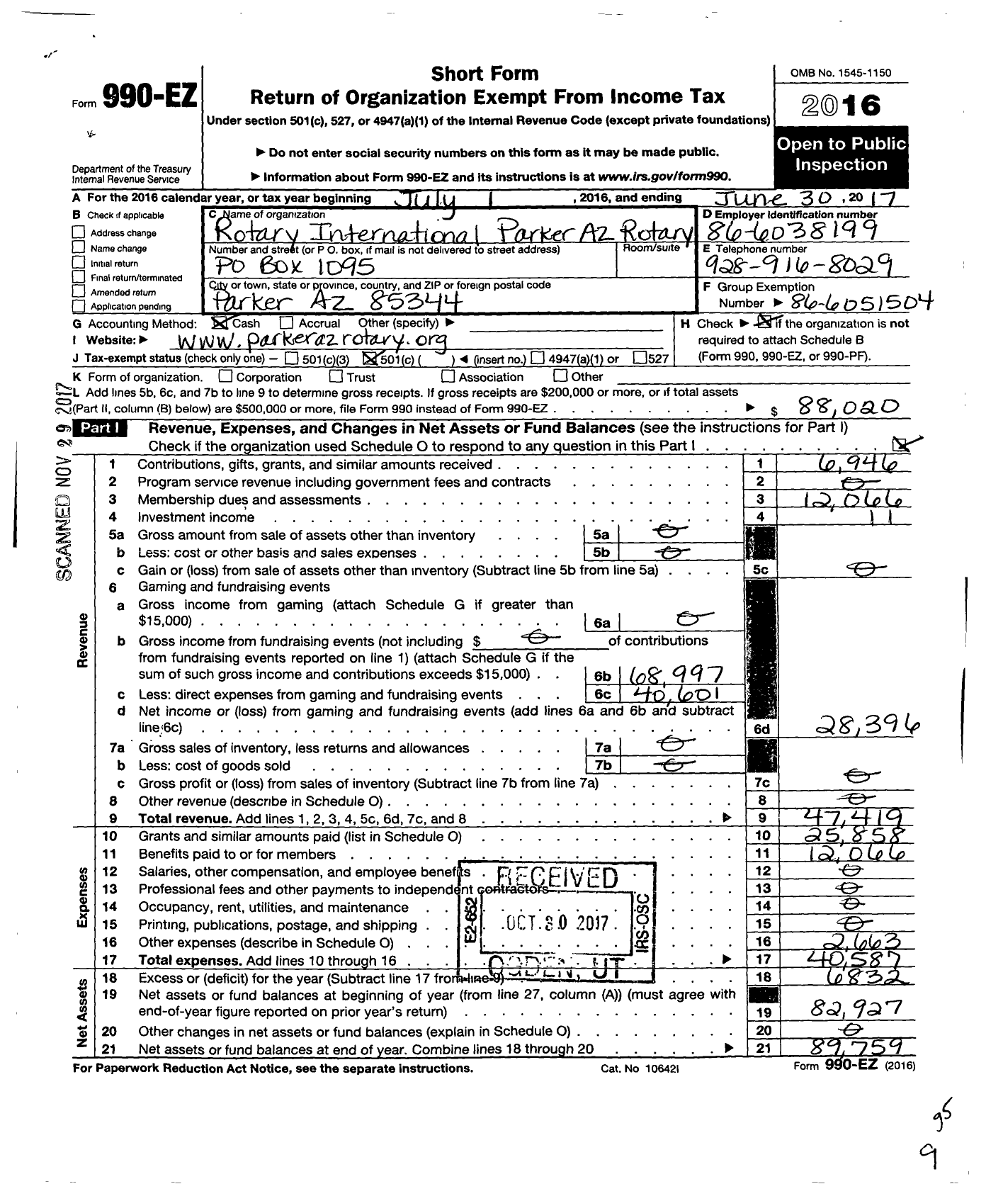 Image of first page of 2016 Form 990EO for Rotary International - Parker Az Rotary Club