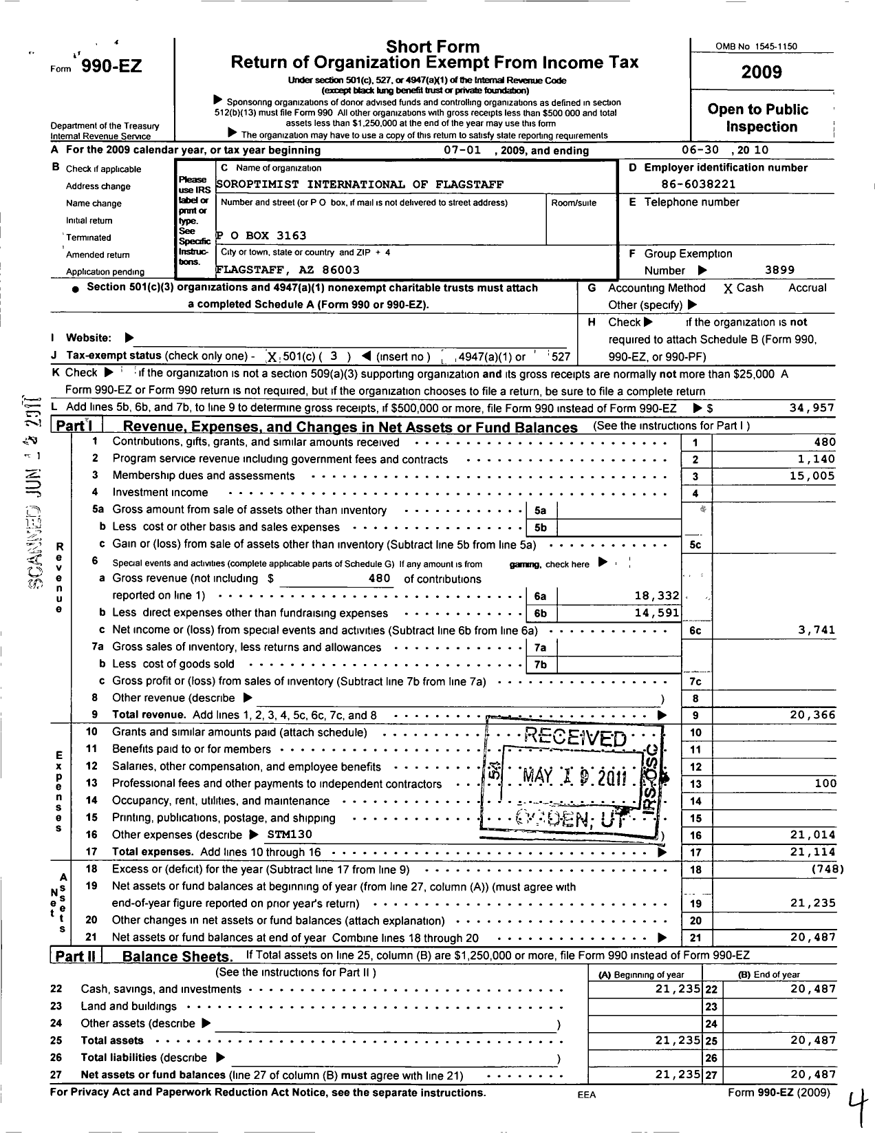 Image of first page of 2009 Form 990EZ for Soroptimist International of the Americas - 114108 Flagstaff Az