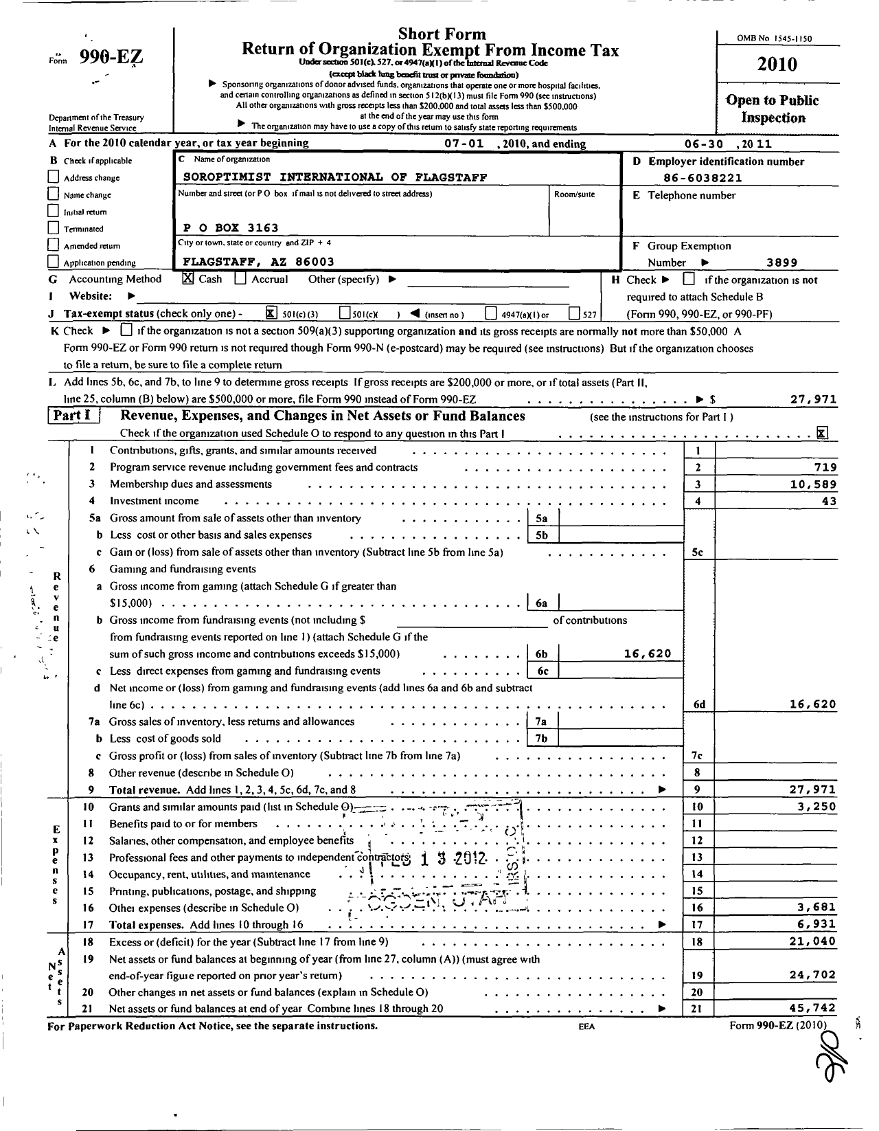 Image of first page of 2010 Form 990EZ for Soroptimist International of the Americas - 114108 Flagstaff Az