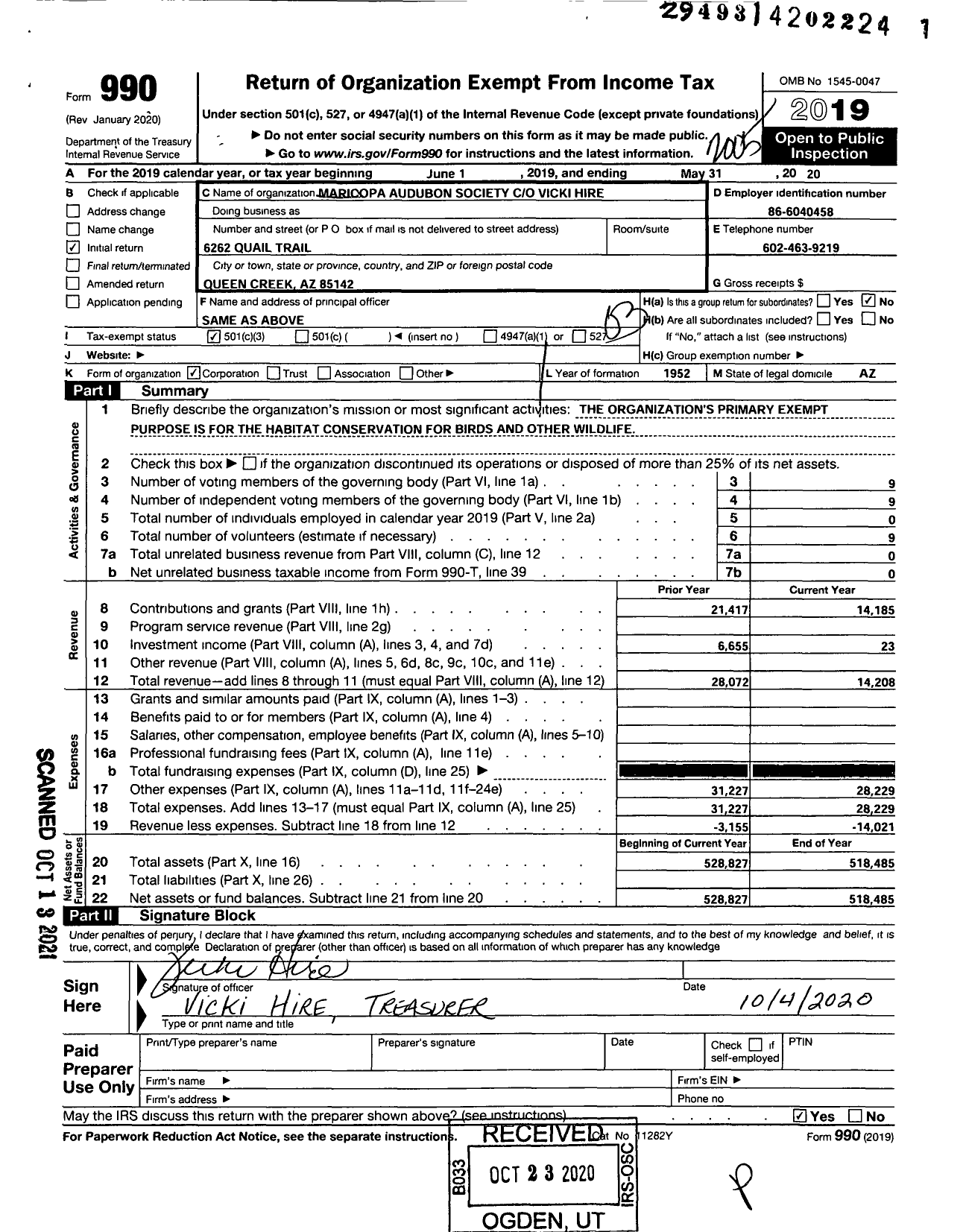 Image of first page of 2019 Form 990 for Maricopa Audubon Society