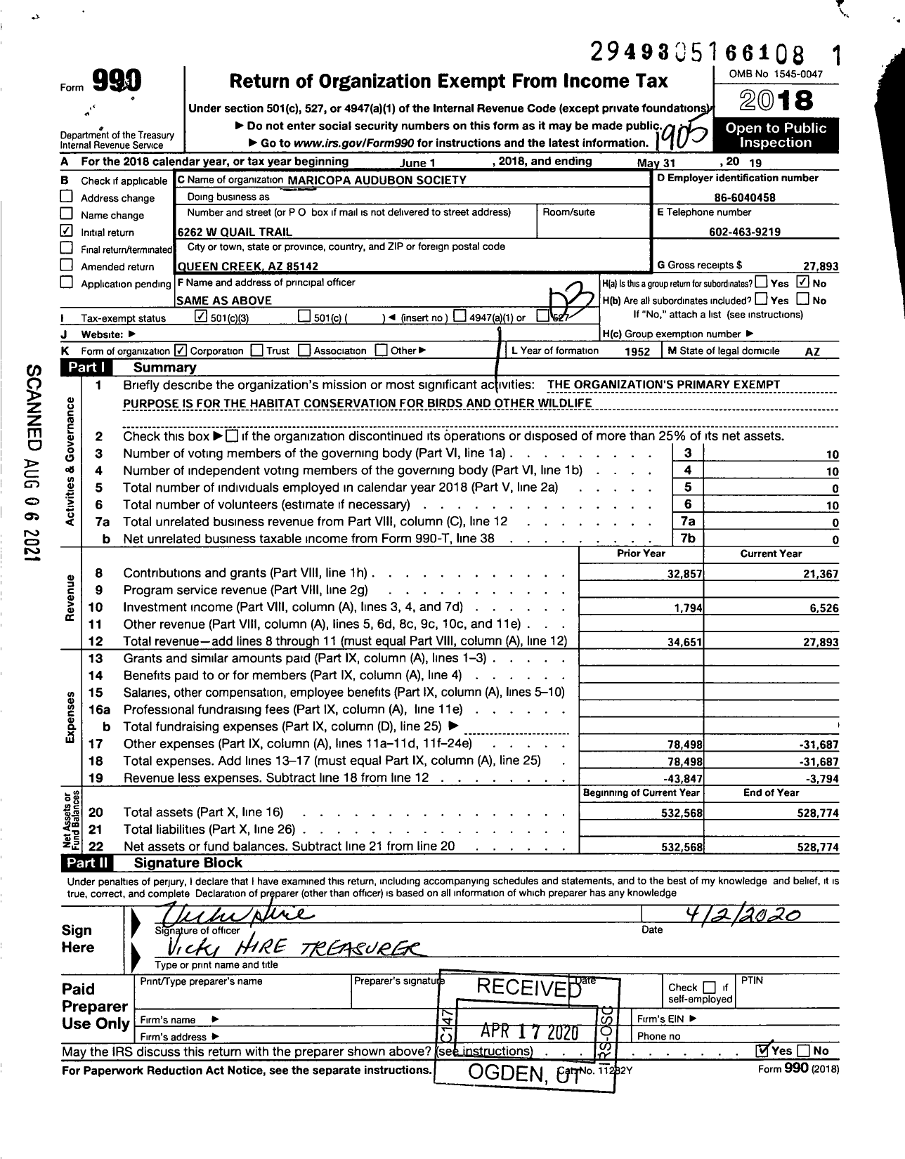 Image of first page of 2018 Form 990 for Maricopa Audubon Society