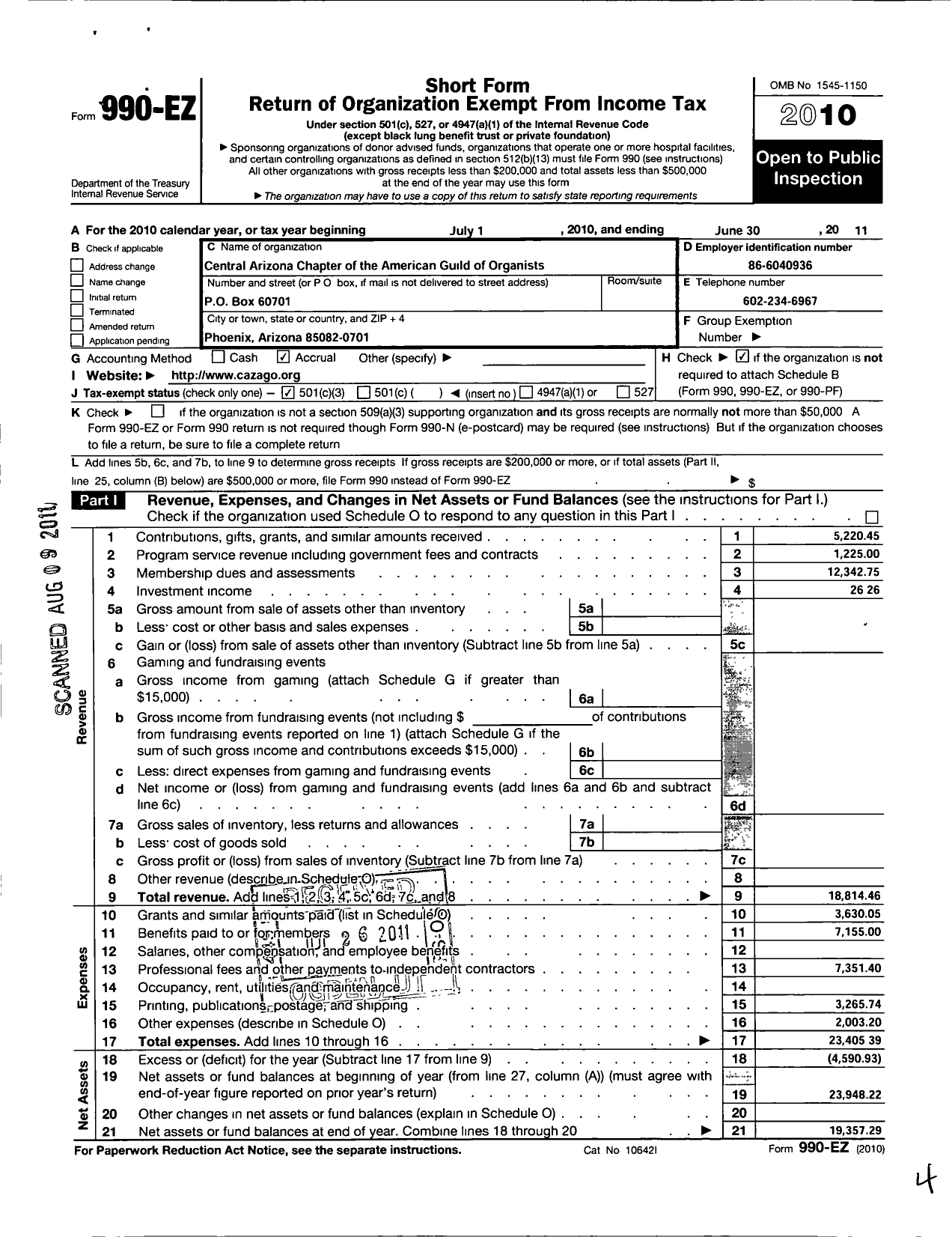 Image of first page of 2010 Form 990EZ for American Guild of Organists - 901 Central Arizona Chapter