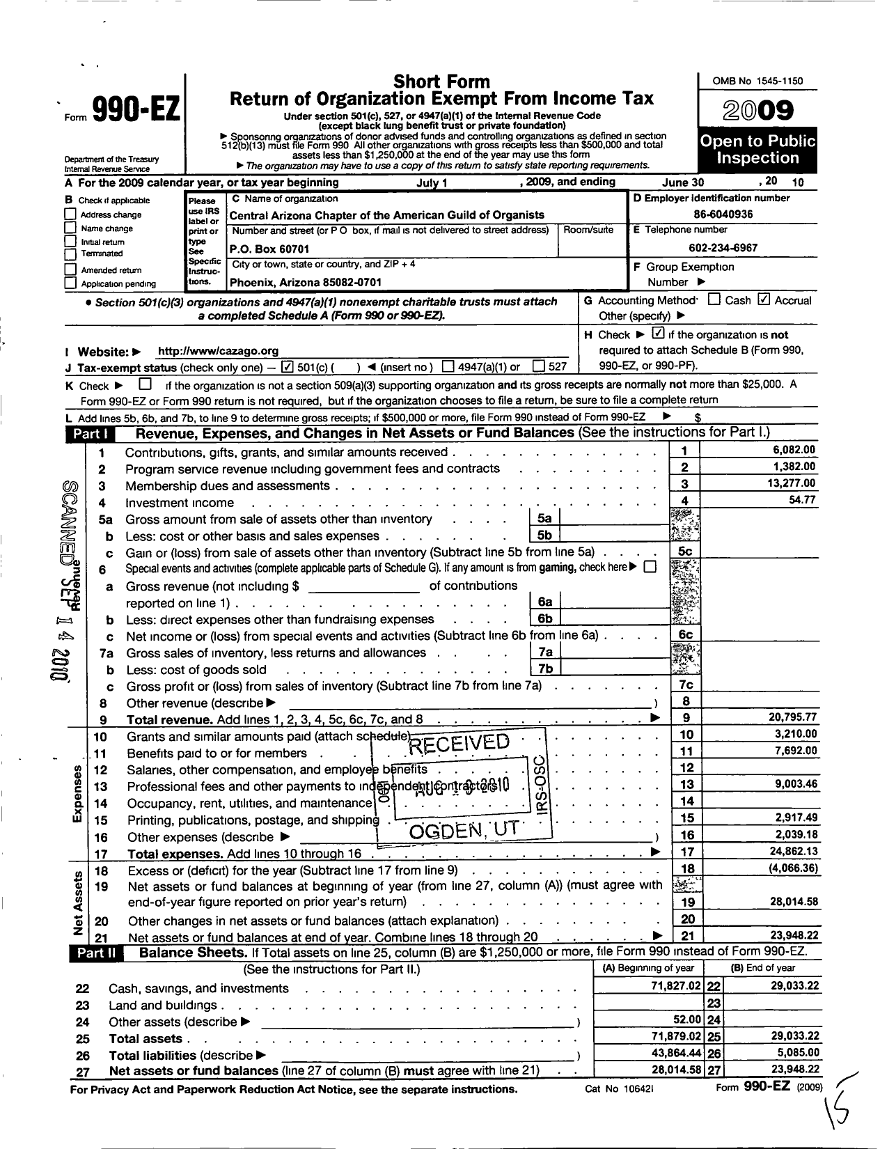 Image of first page of 2009 Form 990EO for American Guild of Organists - 901 Central Arizona Chapter