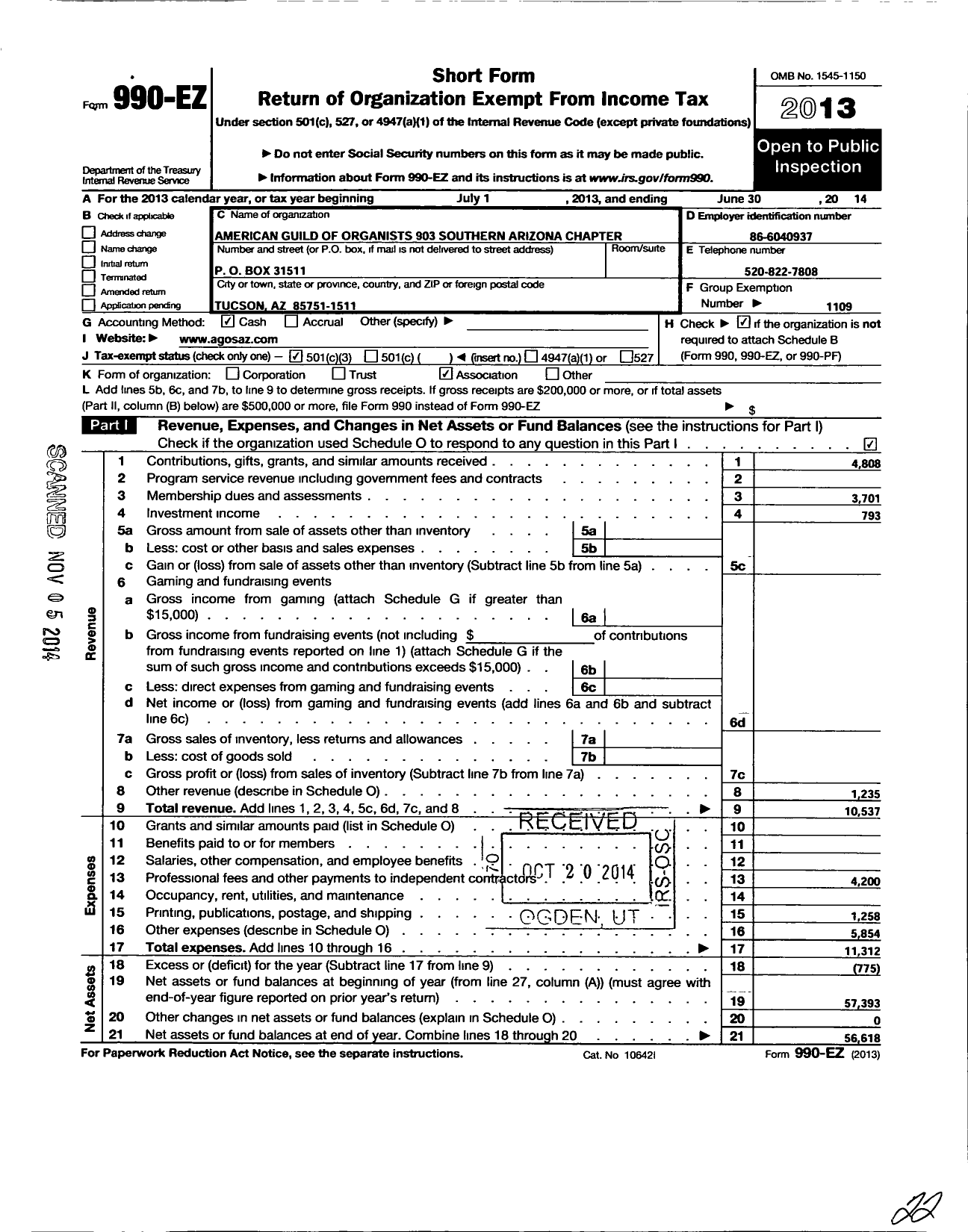 Image of first page of 2013 Form 990EZ for American Guild of Organists Ago - 903 Southern Arizona Chapter