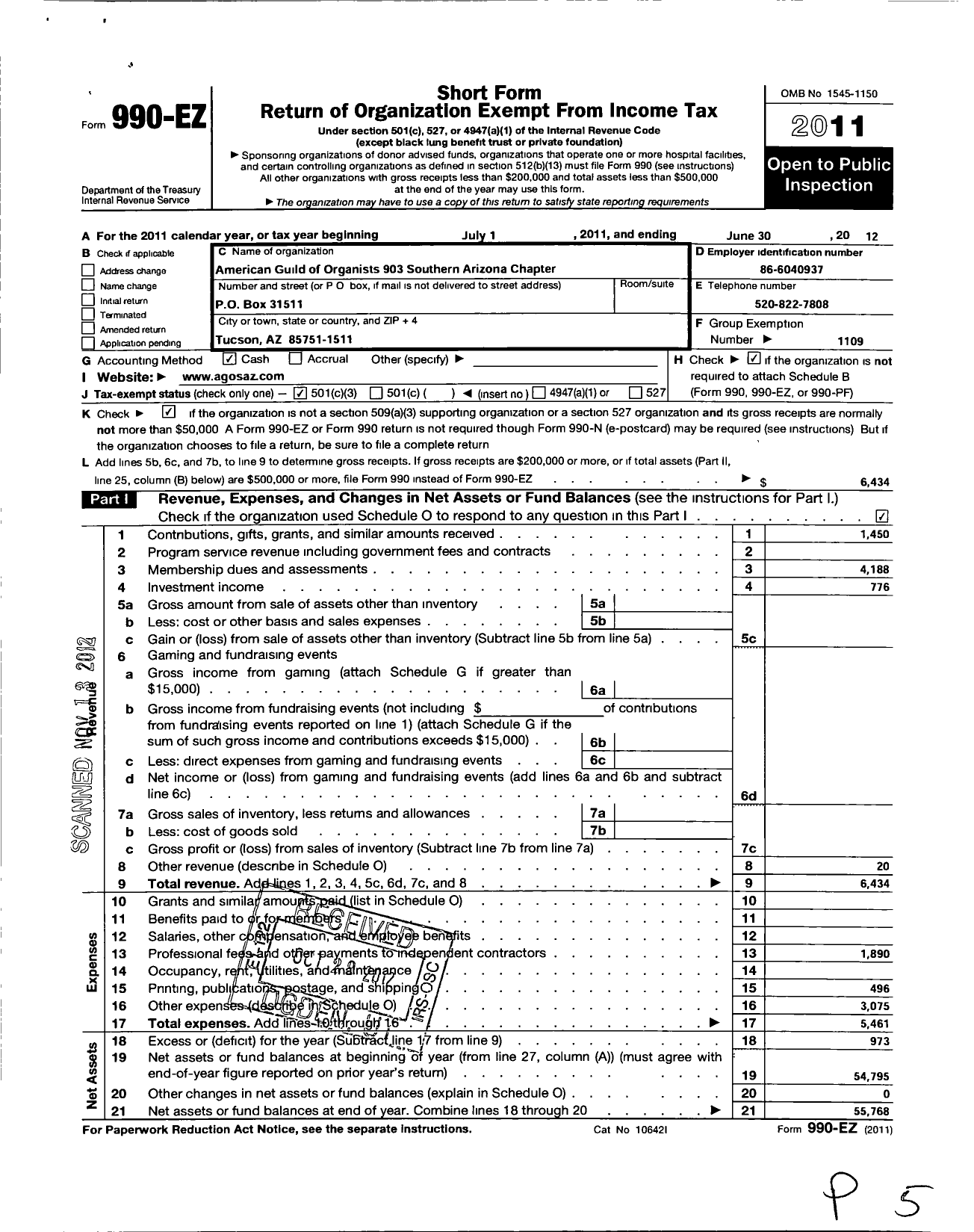 Image of first page of 2011 Form 990EZ for American Guild of Organists Ago - 903 Southern Arizona Chapter