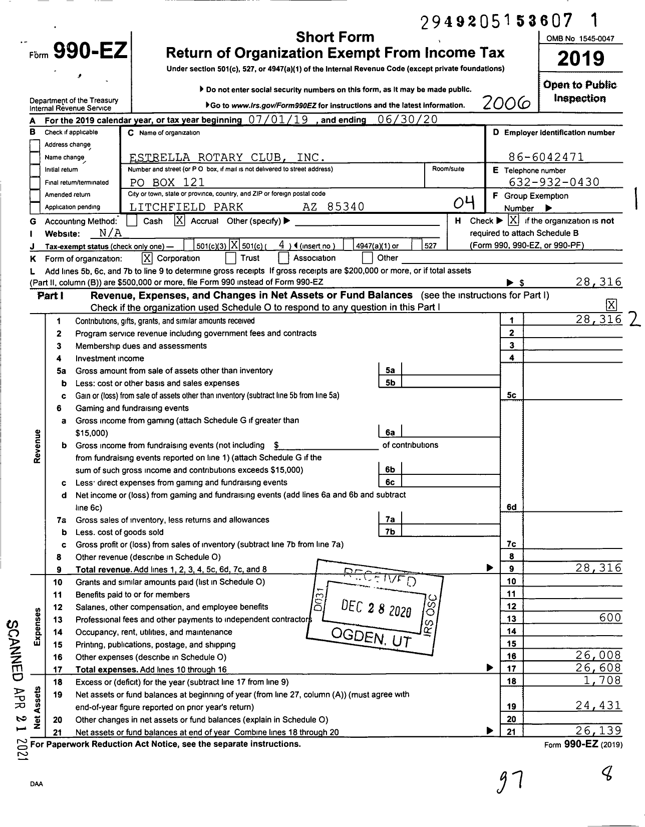 Image of first page of 2019 Form 990EO for Rotary International - Estrella Goodyear