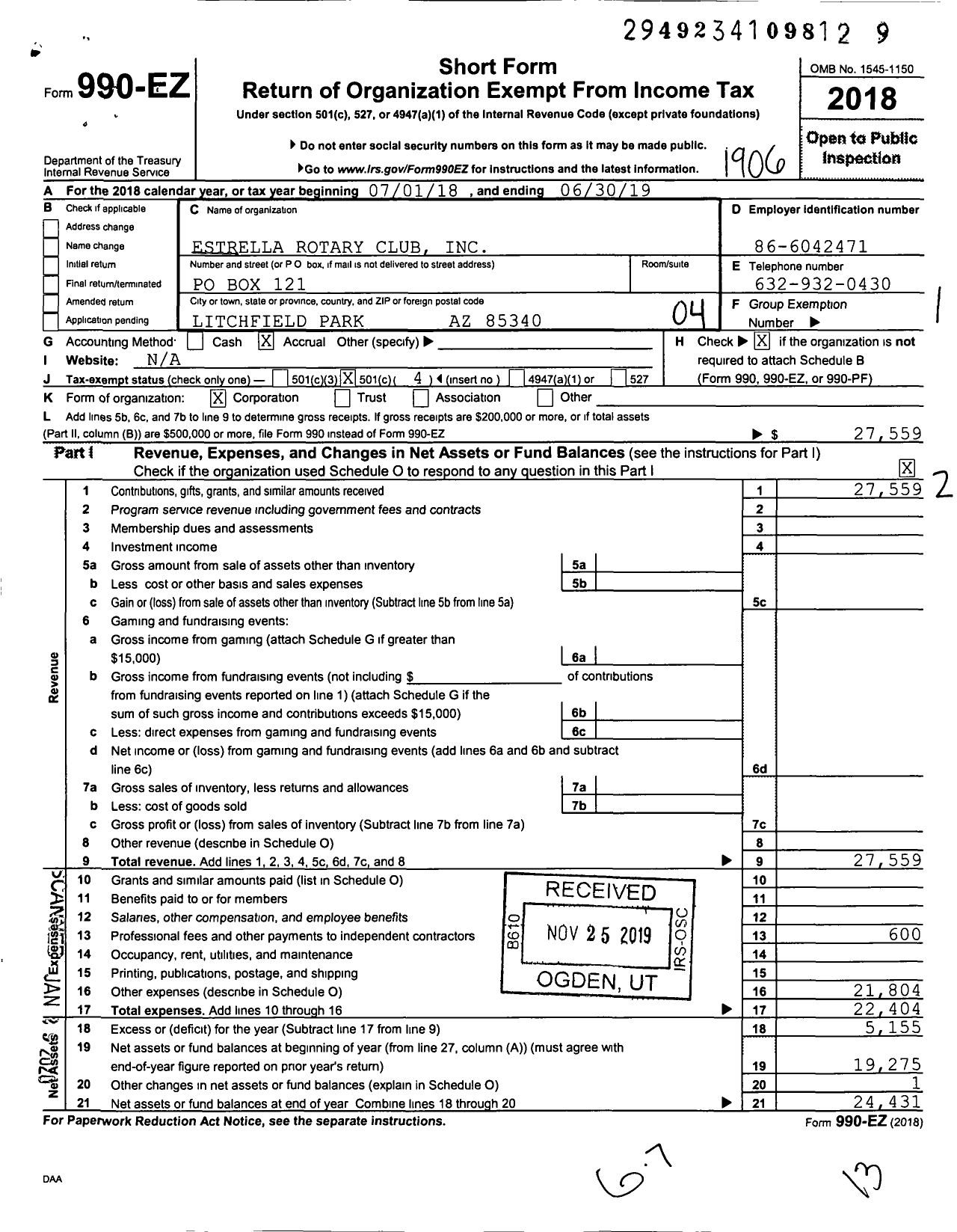 Image of first page of 2018 Form 990EO for Rotary International - Estrella Goodyear