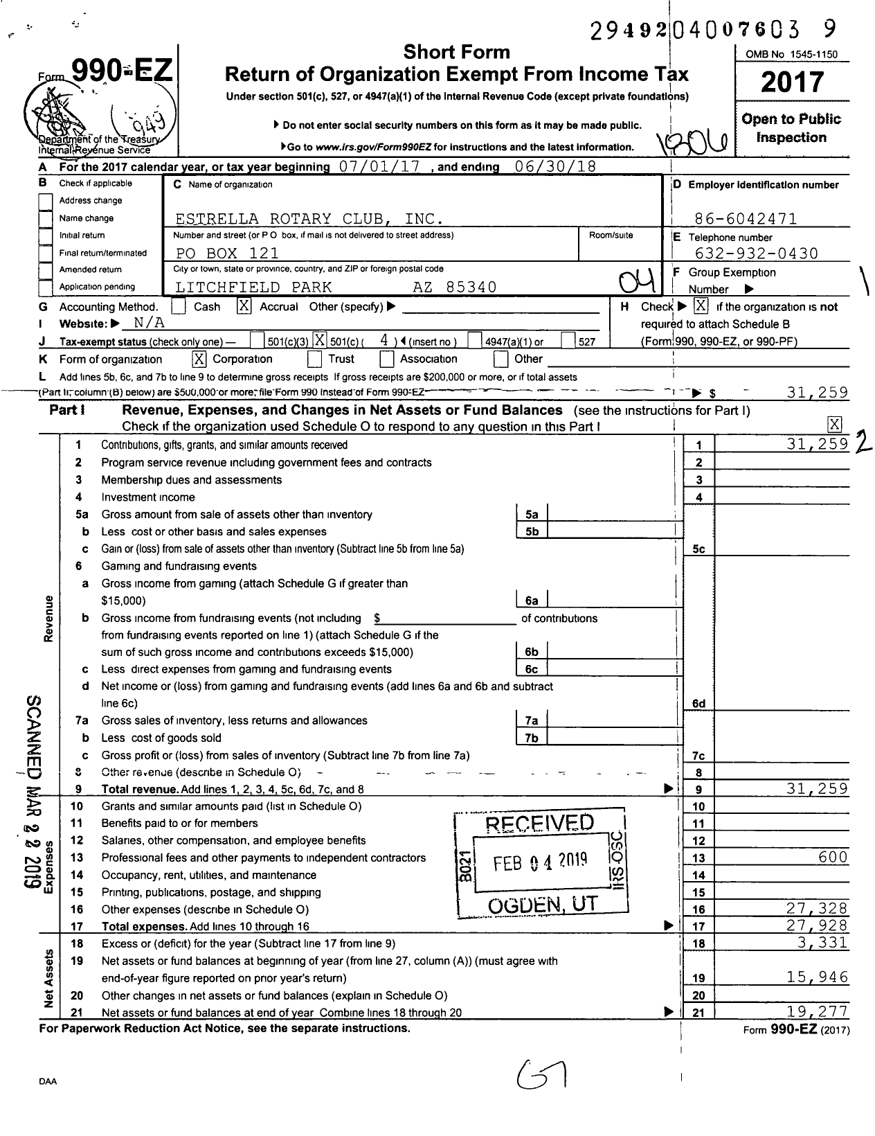 Image of first page of 2017 Form 990EO for Rotary International - Estrella Goodyear