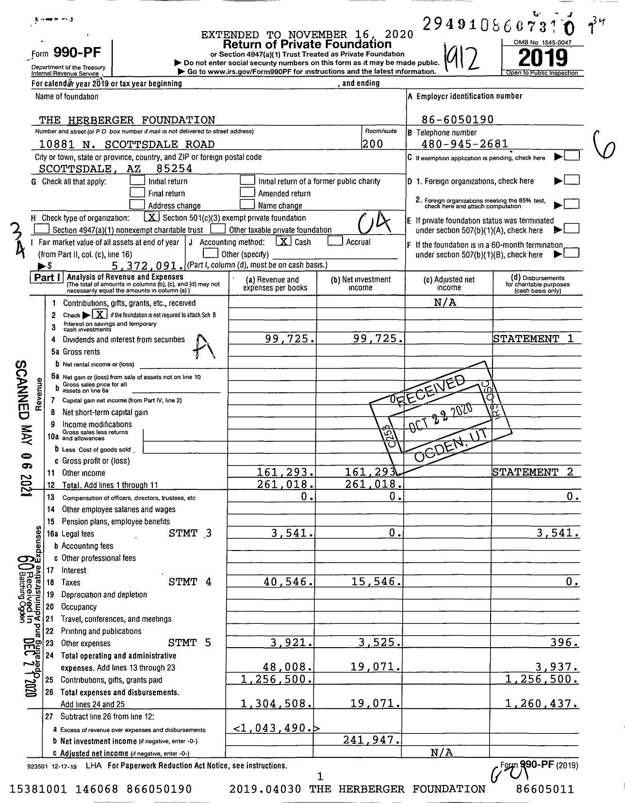 Image of first page of 2019 Form 990PF for The Herberger Foundation