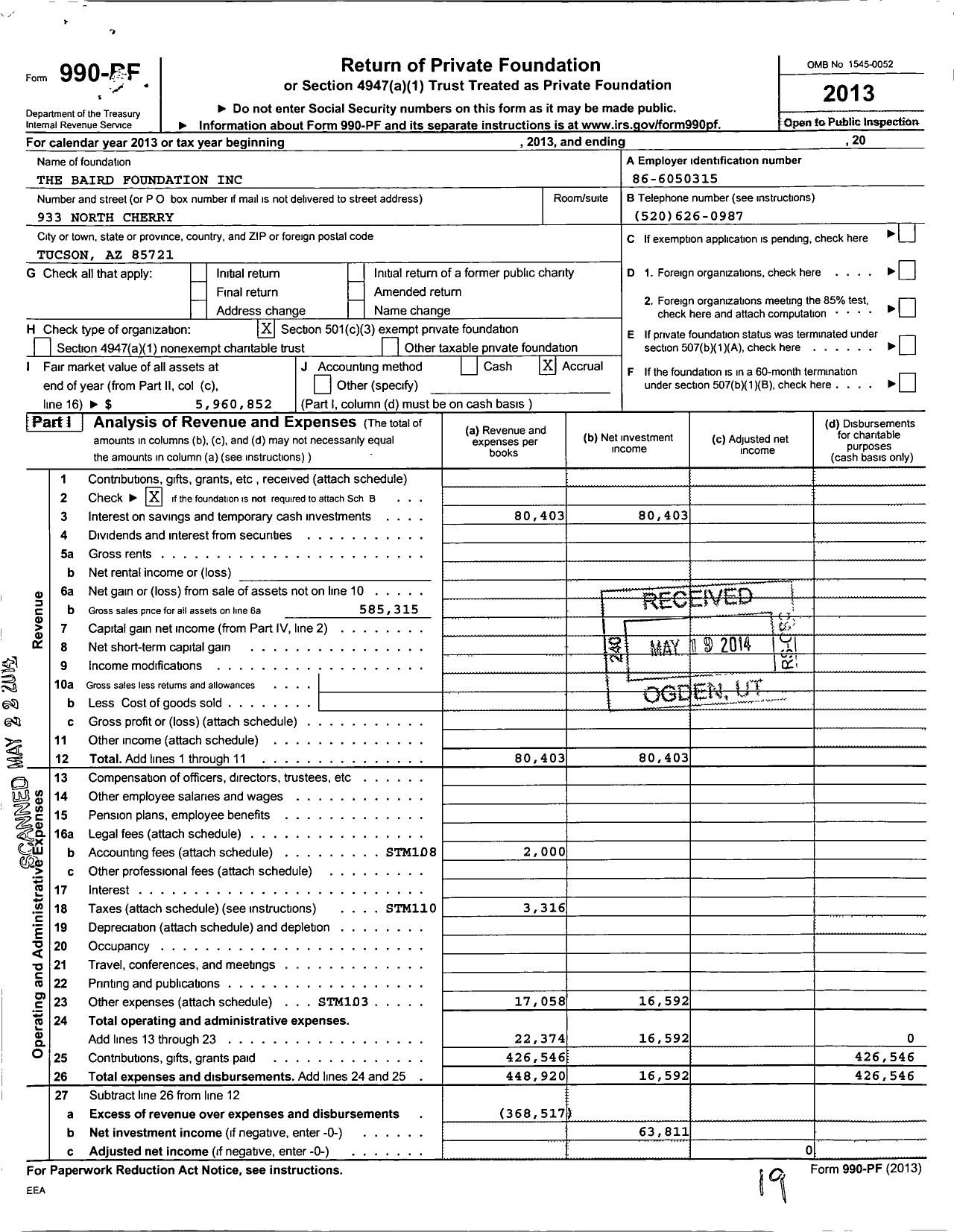 Image of first page of 2013 Form 990PF for The Baird Foundation