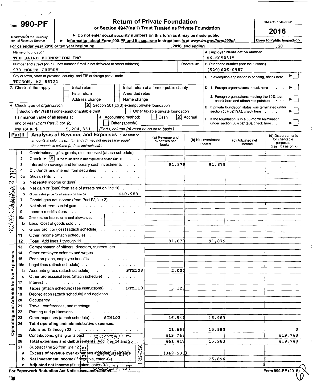Image of first page of 2016 Form 990PF for The Baird Foundation