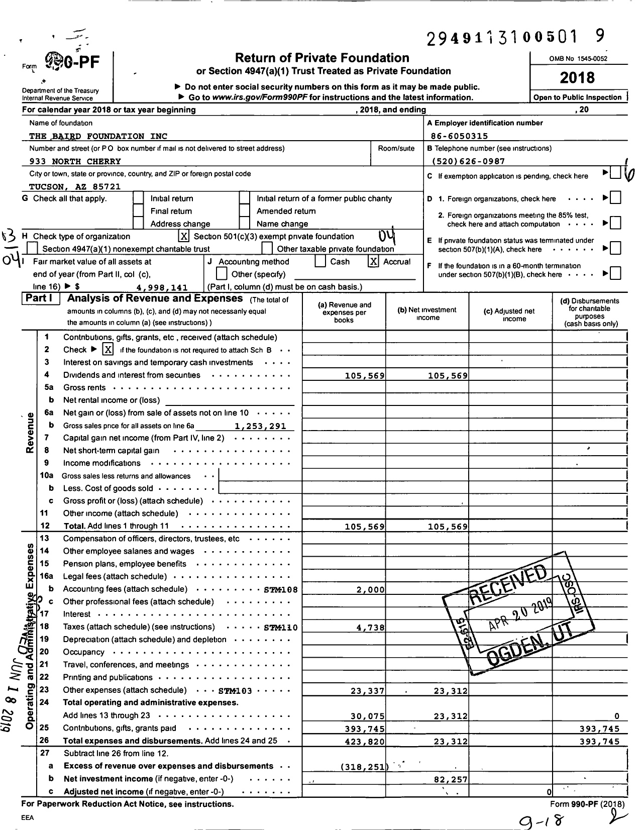 Image of first page of 2018 Form 990PF for The Baird Foundation