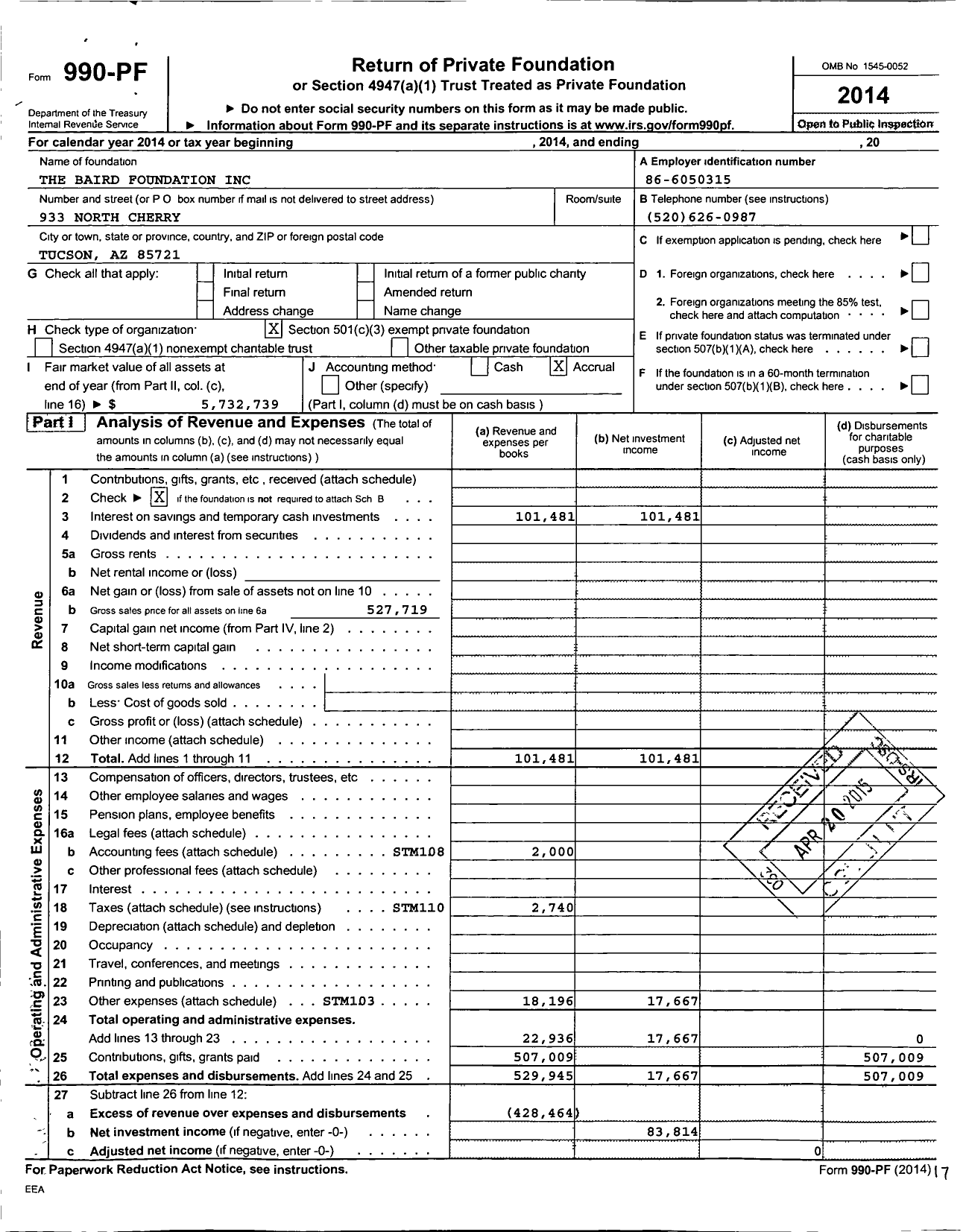 Image of first page of 2014 Form 990PF for The Baird Foundation