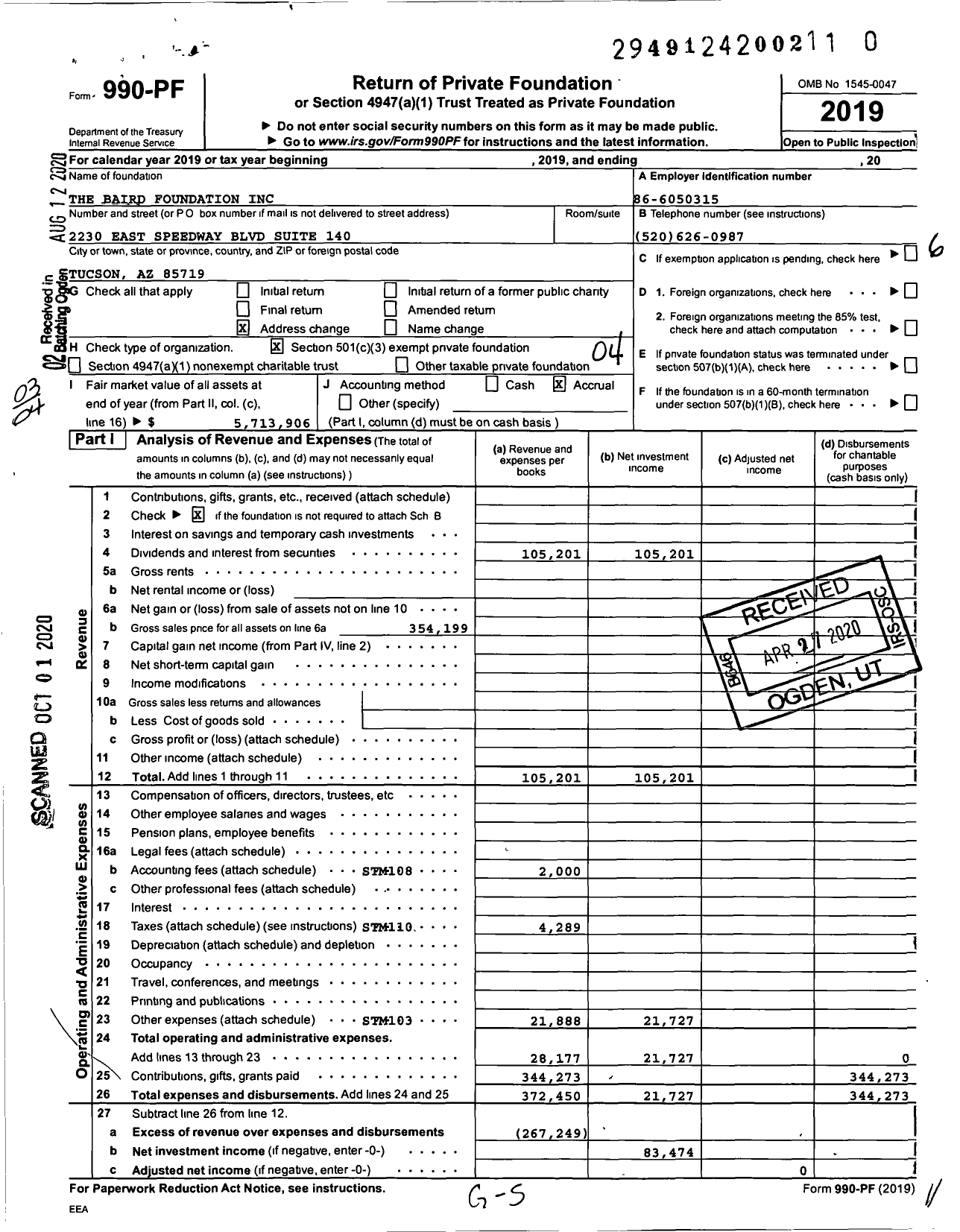 Image of first page of 2019 Form 990PR for The Baird Foundation