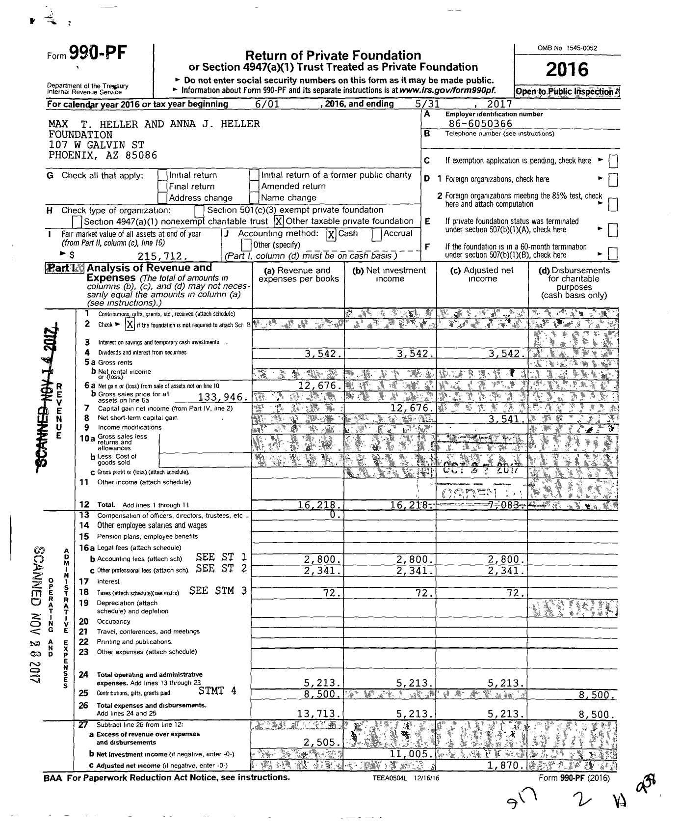 Image of first page of 2016 Form 990PF for Max T Heller and Anna J Heller Foundation