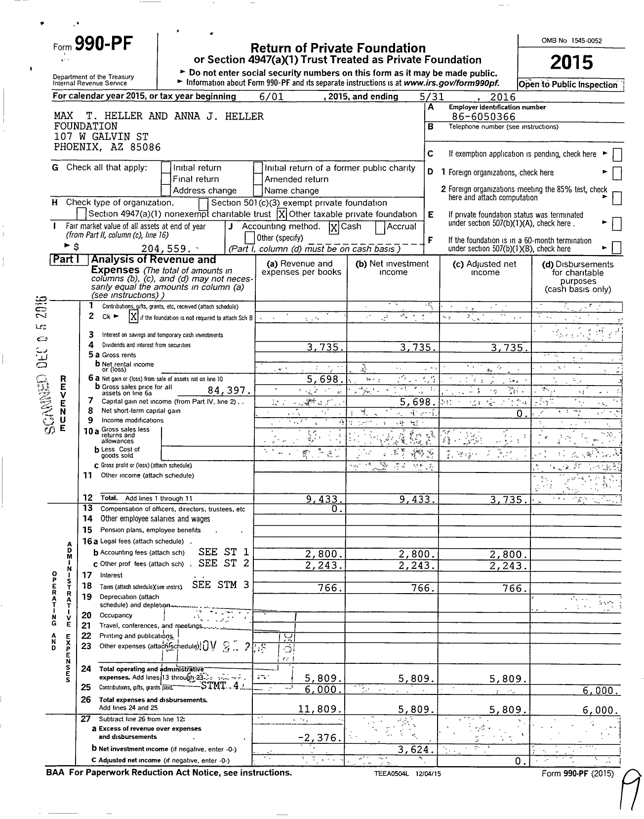 Image of first page of 2015 Form 990PF for Max T Heller and Anna J Heller Foundation