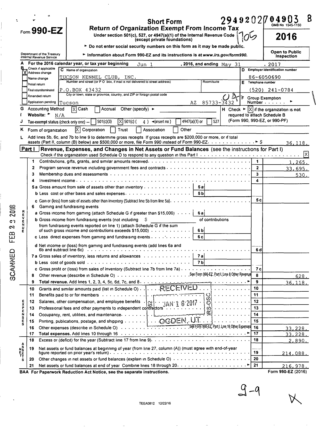 Image of first page of 2016 Form 990EO for Tucson Kennel Club