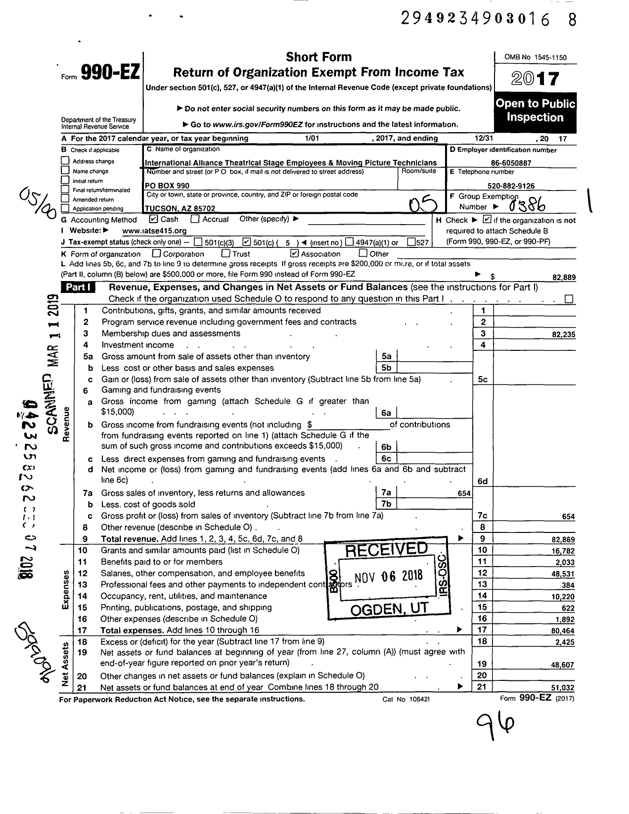 Image of first page of 2017 Form 990EO for International Alliance of Theatrical Stage Employees - 415 Local