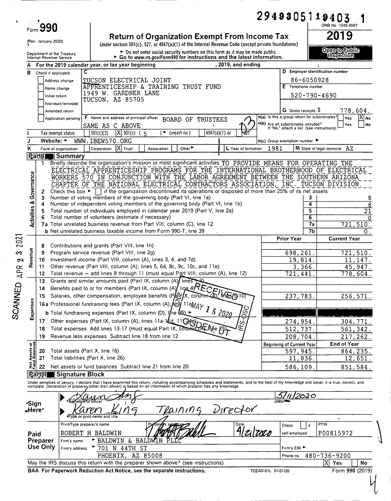 Image of first page of 2019 Form 990 for Tucson Electrical Joint Apprenticeship & Training Trust Fund